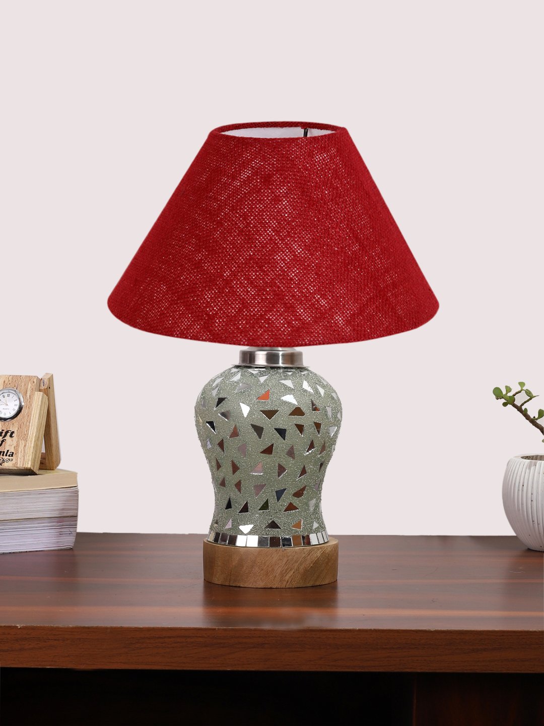 Ambika Home Maroon Jute Mosaic Glass Table Lamp | Decorative Bedside Lamp for Bedroom, Living Room, Hall, Hotel, Café, Restaurant, Office & Study Room | E27 Compatible