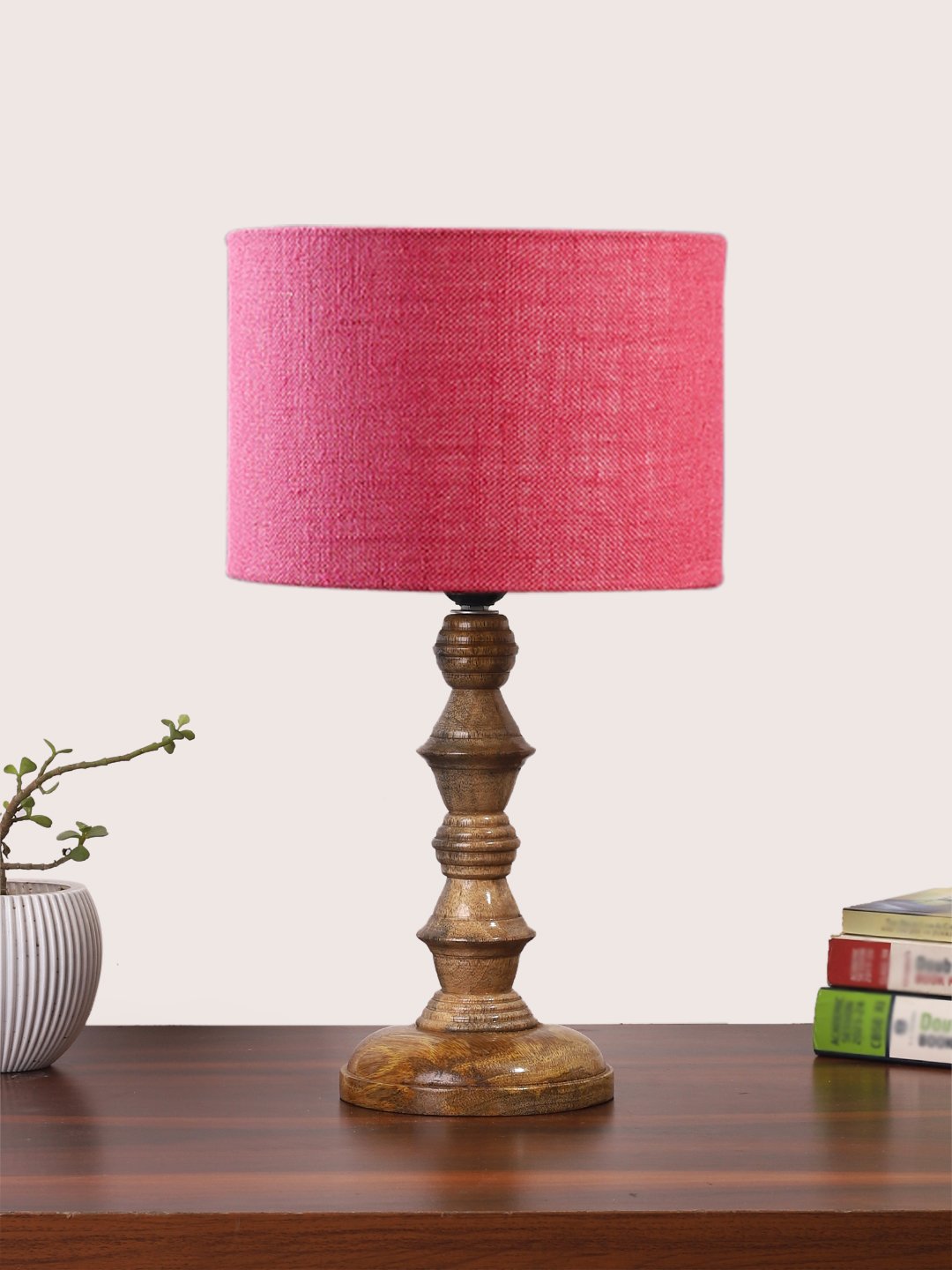 Ambika Home Pink Jute Wooden Table Lamp | Decorative Bedside Lamp for Bedroom, Living Room, Hall, Hotel, Café, Restaurant, Office & Study Room | E27 Compatible