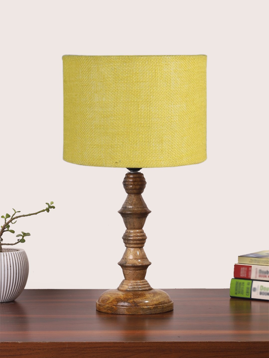 Ambika Home Yellow Jute Wooden Table Lamp | Decorative Bedside Lamp for Bedroom, Living Room, Hall, Hotel, Café, Restaurant, Office & Study Room | E27 Compatible