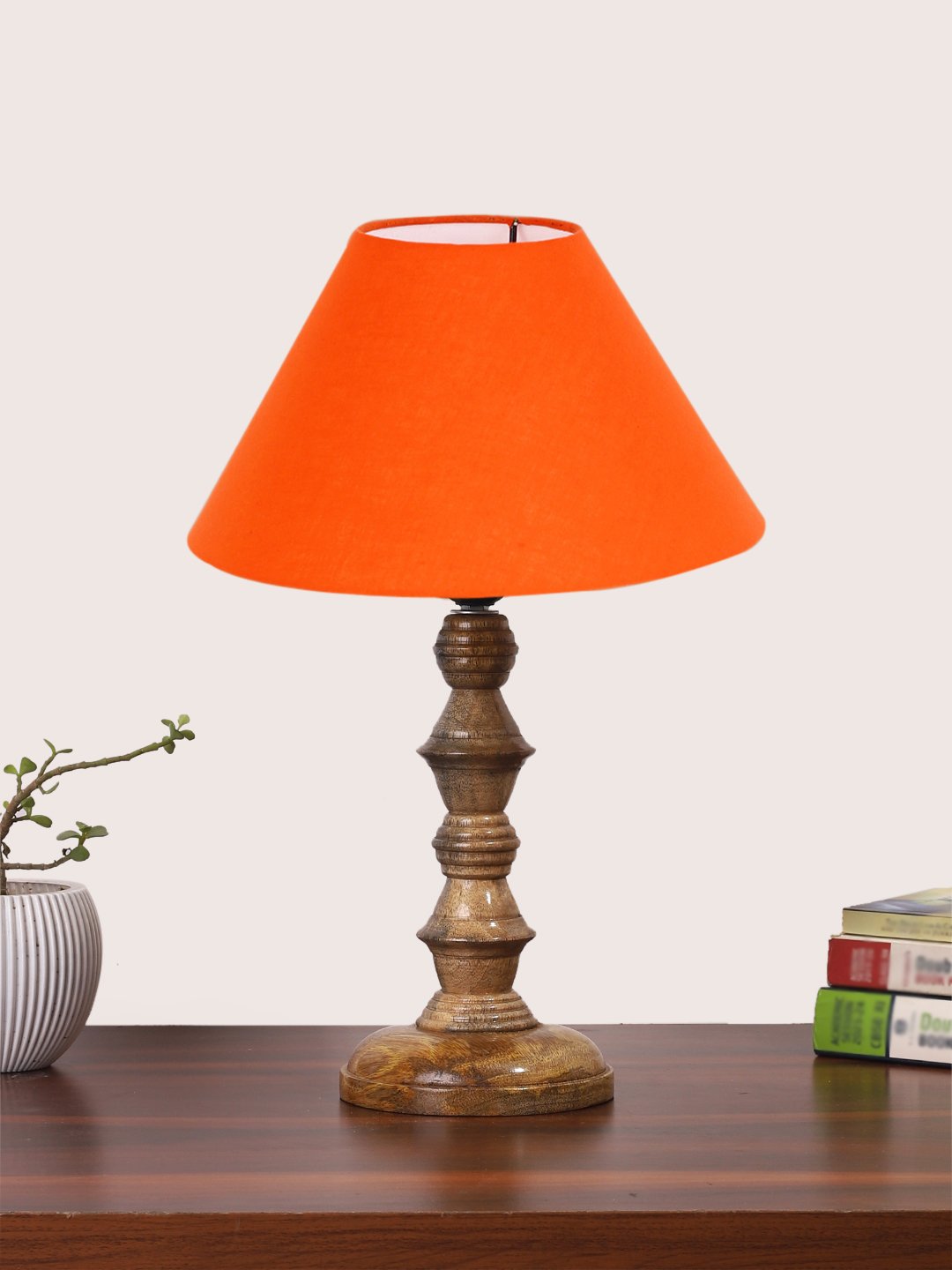 Ambika Home Orange cotton Wooden Table Lamp | Decorative Bedside Lamp for Bedroom, Living Room, Hall, Hotel, Café, Restaurant, Office & Study Room | E27 Compatible