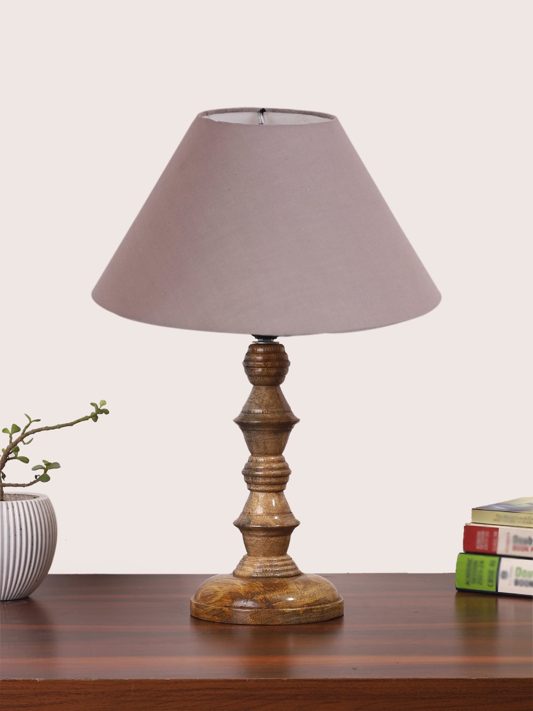 Ambika Home Grey cotton Wooden Table Lamp | Decorative Bedside Lamp for Bedroom, Living Room, Hall, Hotel, Café, Restaurant, Office & Study Room | E27 Compatible