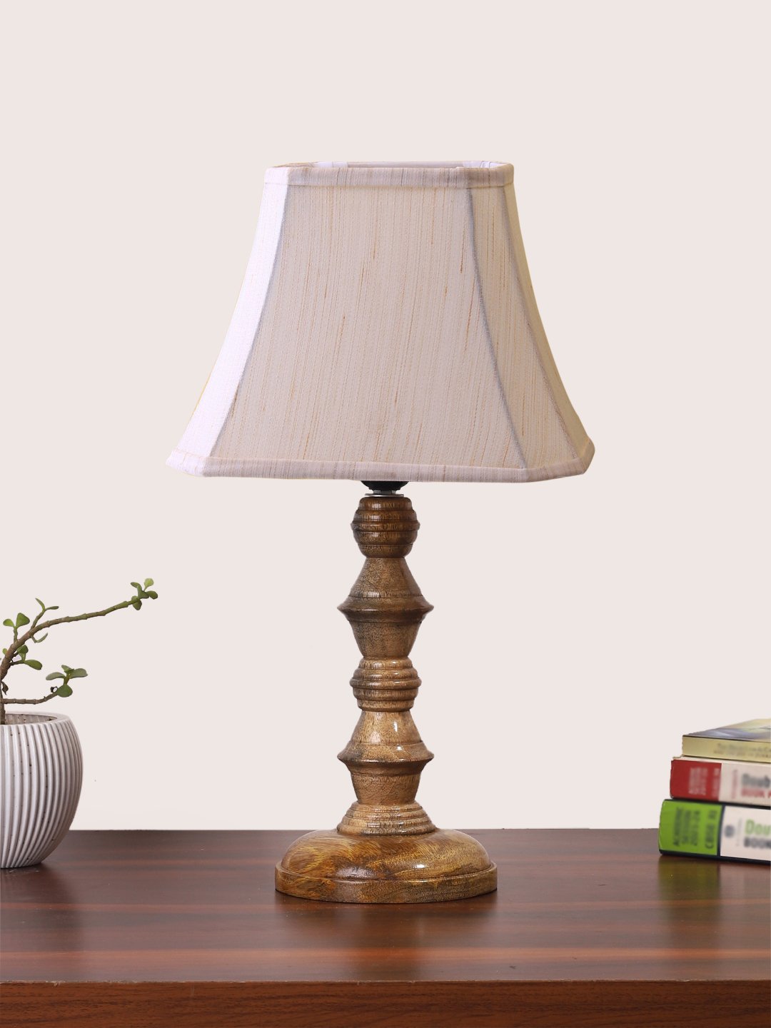 Ambika Home Off-white Cotton Wooden Table Lamp | Decorative Bedside Lamp for Bedroom, Living Room, Hall, Hotel, Café, Restaurant, Office & Study Room | E27 Compatible