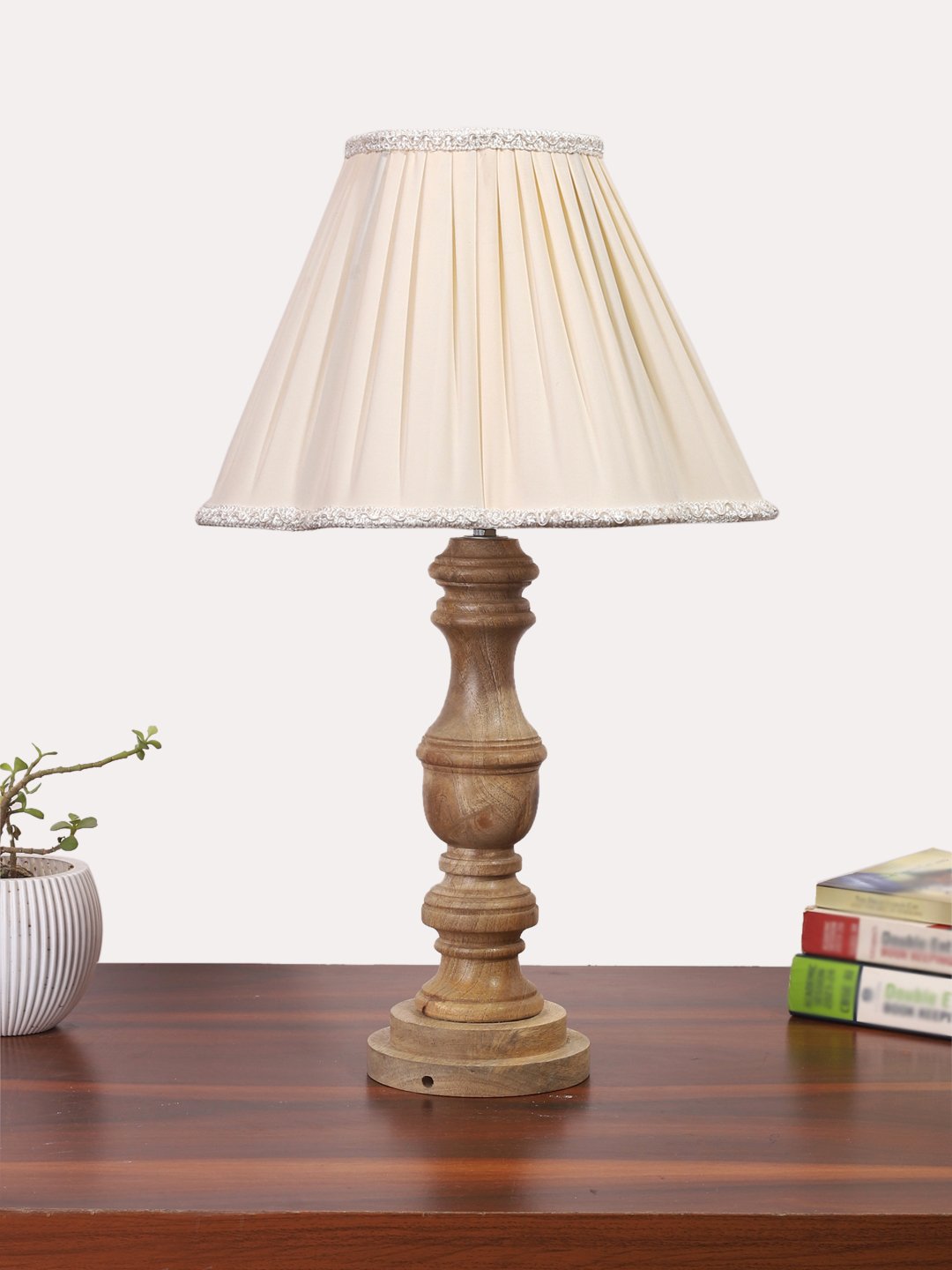 Ambika Home off-white cotton Wooden Table Lamp | Decorative Bedside Lamp for Bedroom, Living Room, Hall, Hotel, Café, Restaurant, Office & Study Room | E27 Compatible