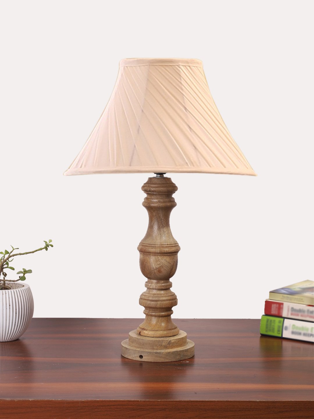 Ambika Home off-white cotton Wooden Table Lamp | Decorative Bedside Lamp for Bedroom, Living Room, Hall, Hotel, Café, Restaurant, Office & Study Room | E27 Compatible