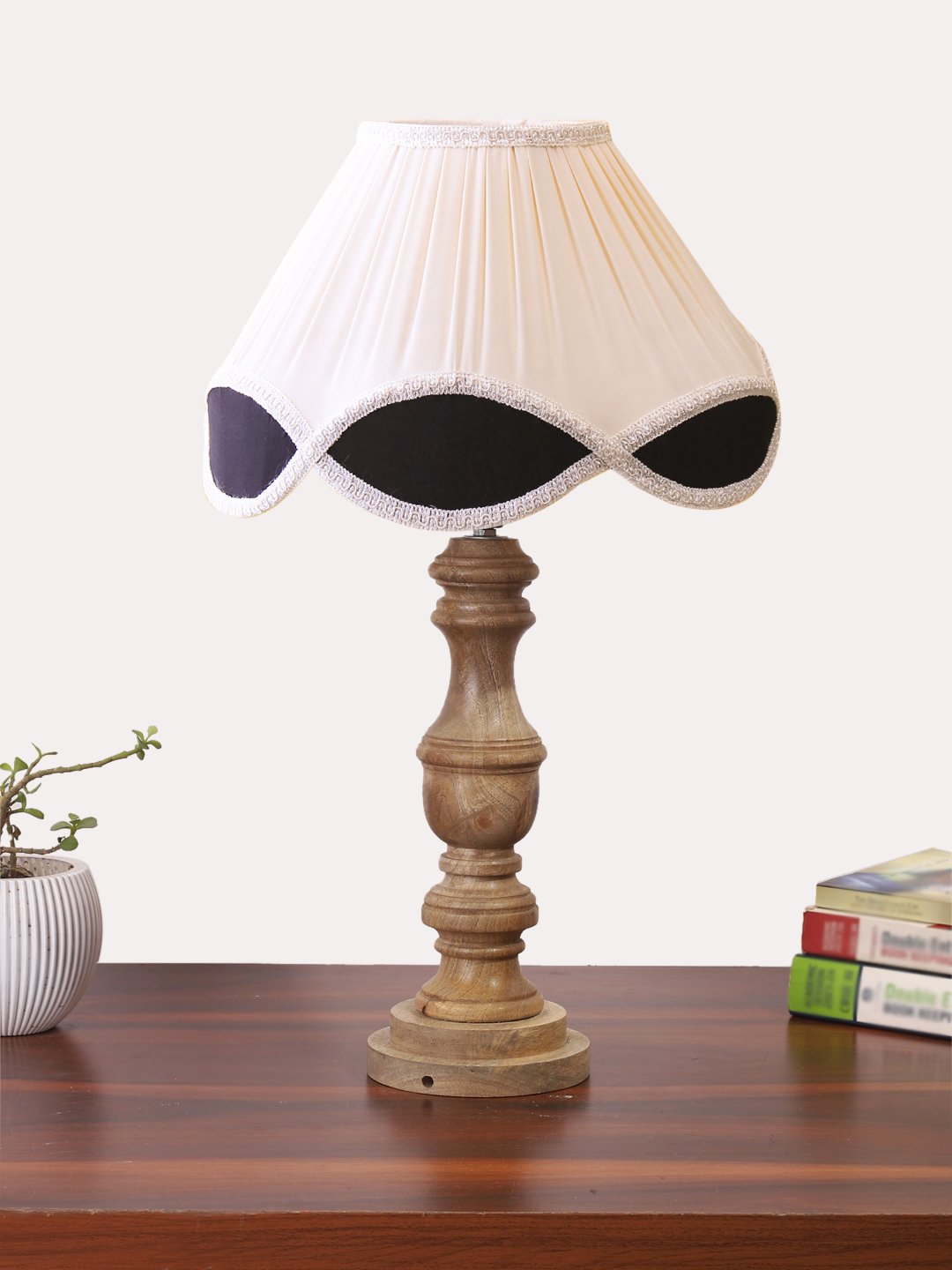 Ambika Home off-white cotton Wooden Table Lamp | Decorative Bedside Lamp for Bedroom, Living Room, Hall, Hotel, Café, Restaurant, Office & Study Room | E27 Compatible