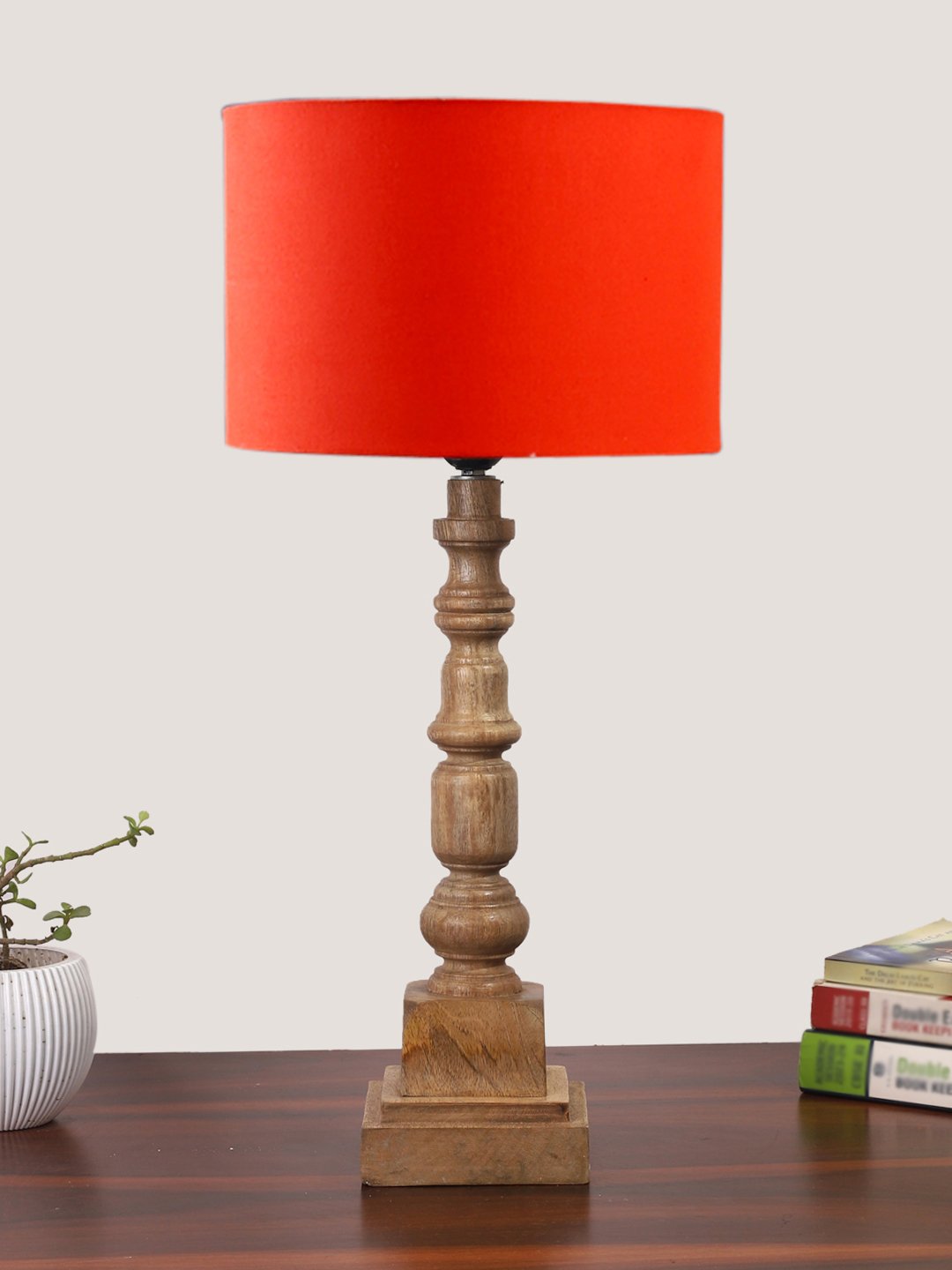 Ambika Home Orange cotton Wooden Table Lamp | Decorative Bedside Lamp for Bedroom, Living Room, Hall, Hotel, Café, Restaurant, Office & Study Room | E27 Compatible