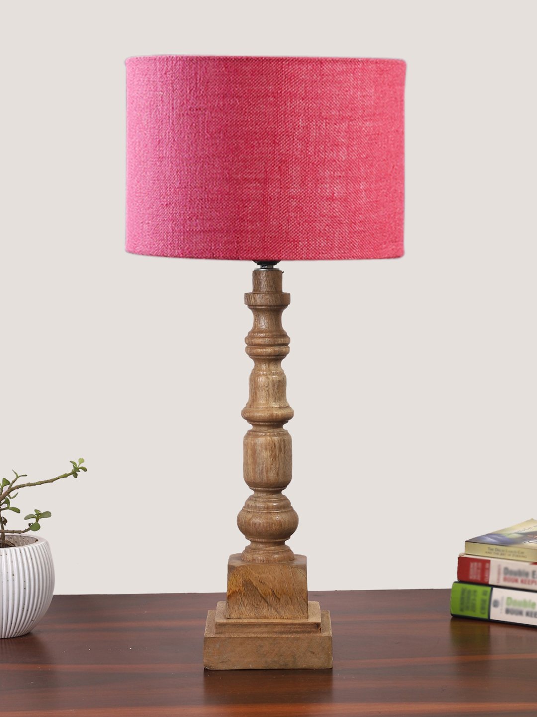 Ambika Home Pink Jute Wooden Table Lamp | Decorative Bedside Lamp for Bedroom, Living Room, Hall, Hotel, Café, Restaurant, Office & Study Room | E27 Compatible