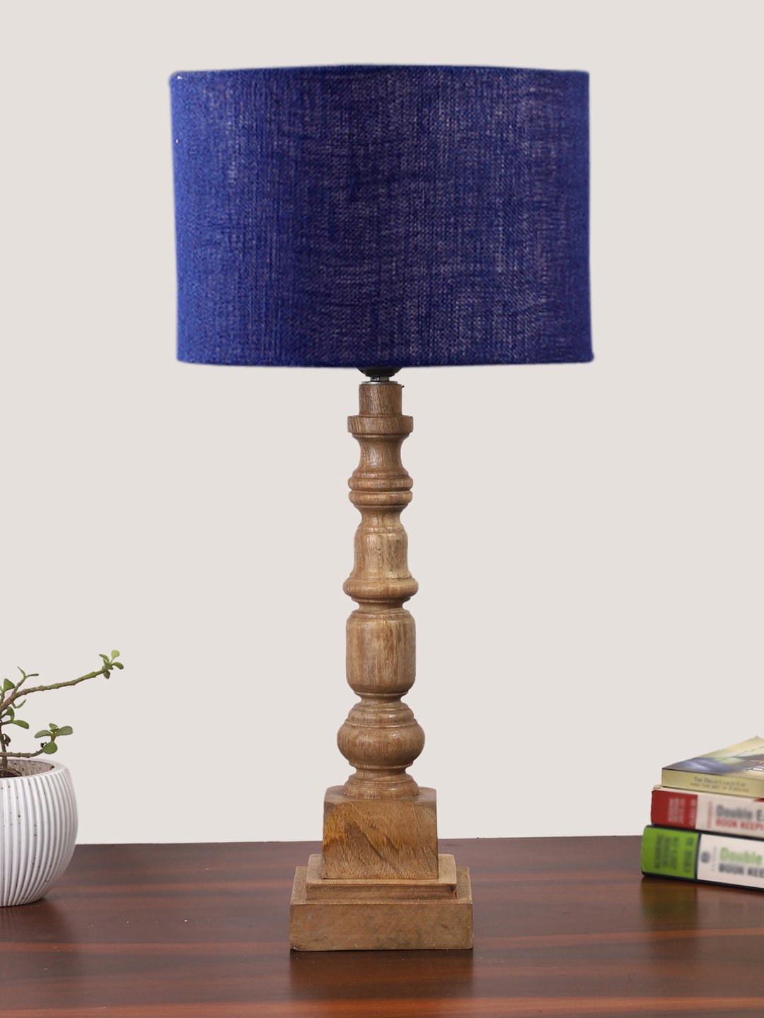 Ambika Home Blue Jute Wooden Table Lamp | Decorative Bedside Lamp for Bedroom, Living Room, Hall, Hotel, Café, Restaurant, Office & Study Room | E27 Compatible