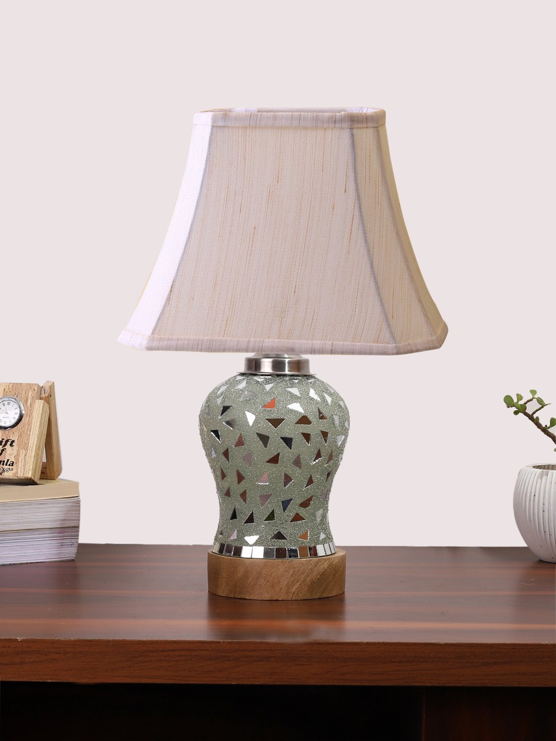Ambika Home off-white Jute Mosaic Glass Table Lamp | Decorative Bedside Lamp for Bedroom, Living Room, Hall, Hotel, Café, Restaurant, Office & Study Room | E27 Compatible