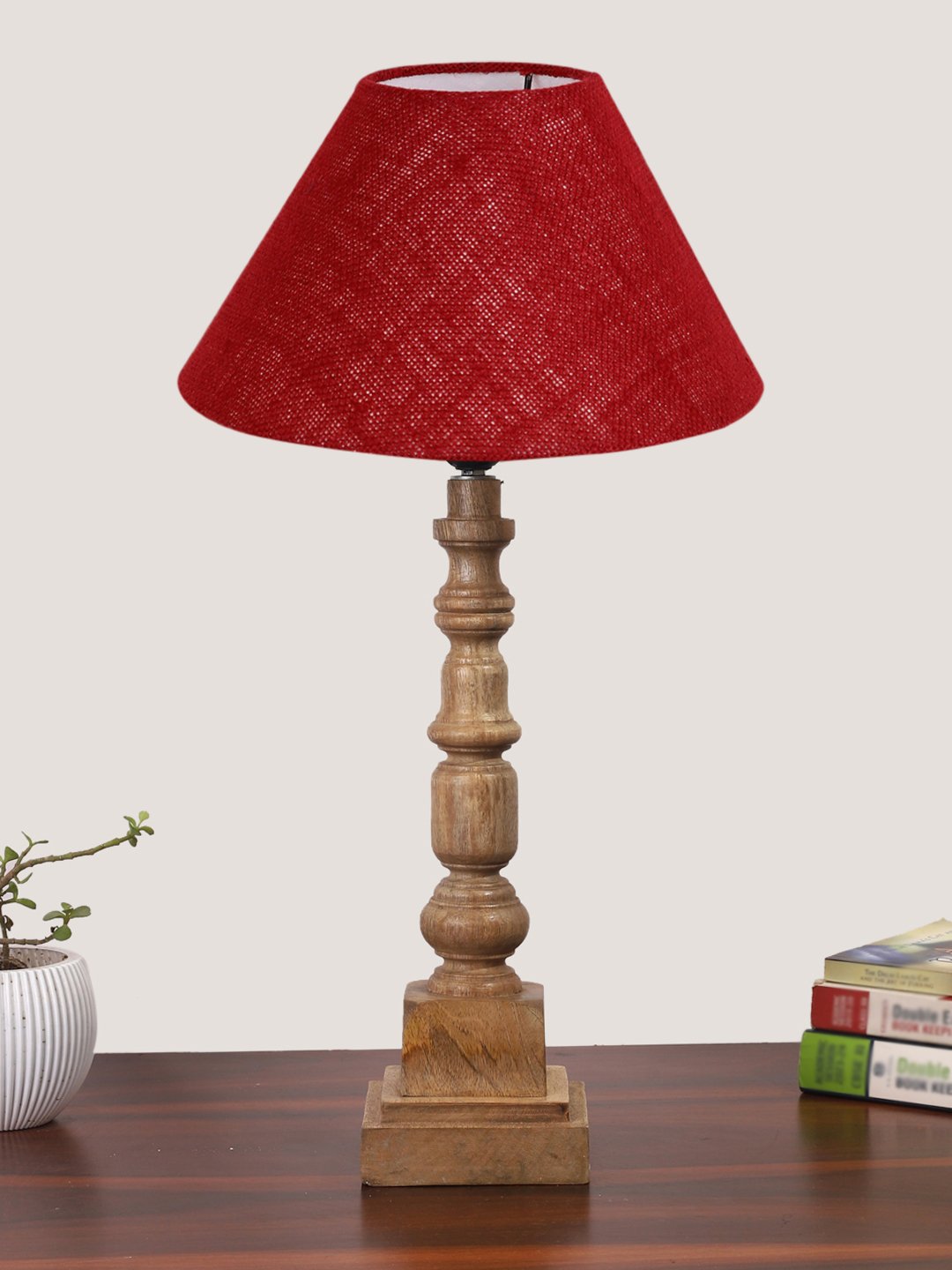 Ambika Home Maroon Jute Wooden Table Lamp | Decorative Bedside Lamp for Bedroom, Living Room, Hall, Hotel, Café, Restaurant, Office & Study Room | E27 Compatible