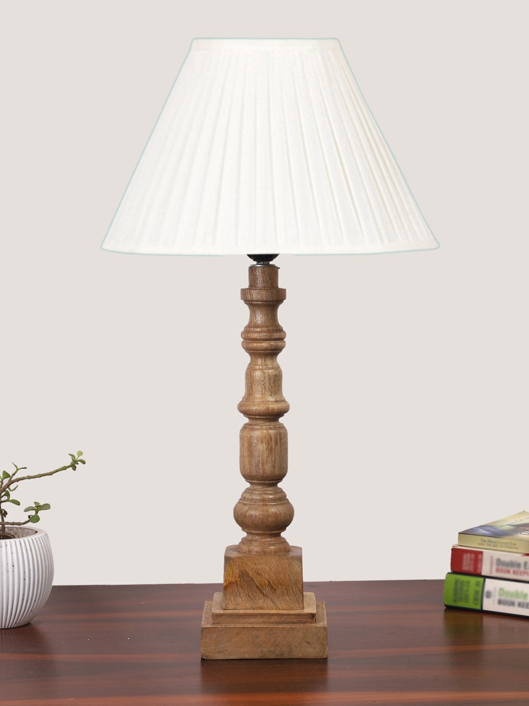 Ambika Home off-white cotton Wooden Table Lamp | Decorative Bedside Lamp for Bedroom, Living Room, Hall, Hotel, Café, Restaurant, Office & Study Room | E27 Compatible
