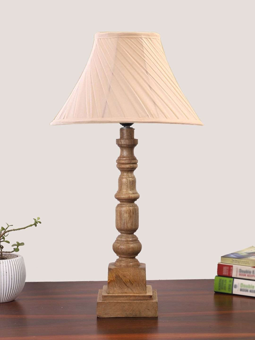 Ambika Home off-white cotton Wooden Table Lamp | Decorative Bedside Lamp for Bedroom, Living Room, Hall, Hotel, Café, Restaurant, Office & Study Room | E27 Compatible