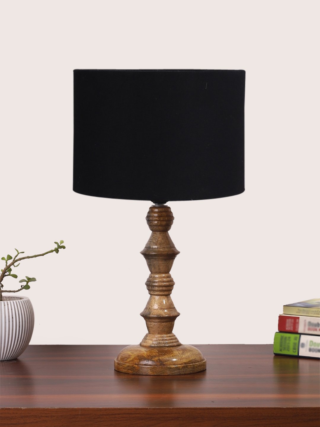 Ambika Home Black cotton Wooden Table Lamp | Decorative Bedside Lamp for Bedroom, Living Room, Hall, Hotel, Café, Restaurant, Office & Study Room | E27 Compatible