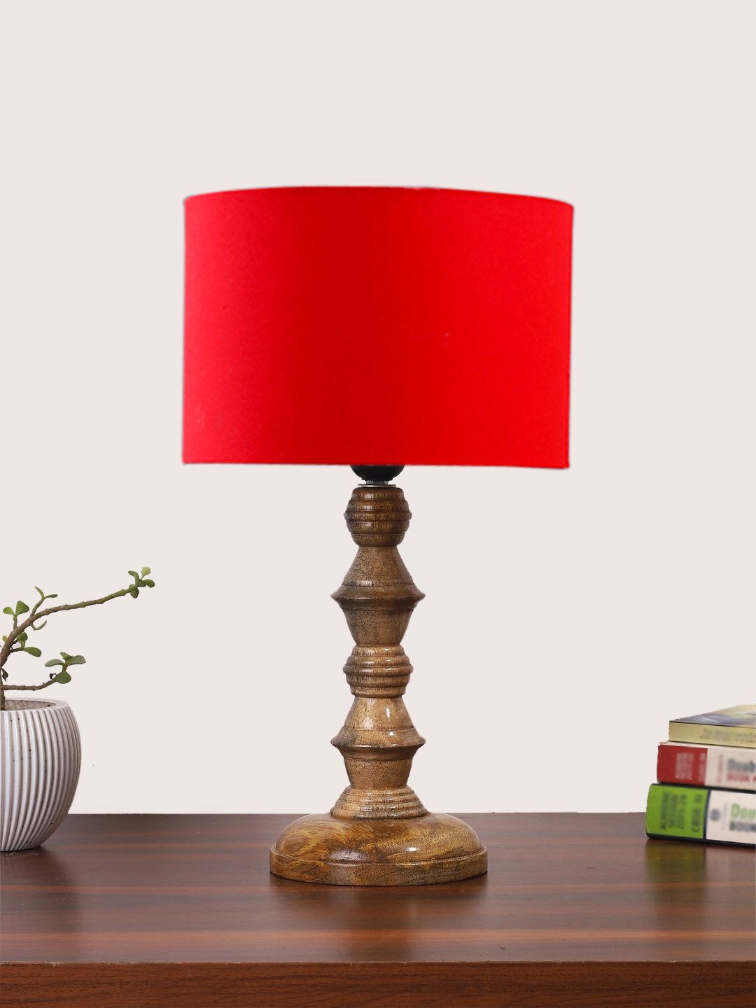 Ambika Home Red cotton Wooden Table Lamp | Decorative Bedside Lamp for Bedroom, Living Room, Hall, Hotel, Café, Restaurant, Office & Study Room | E27 Compatible