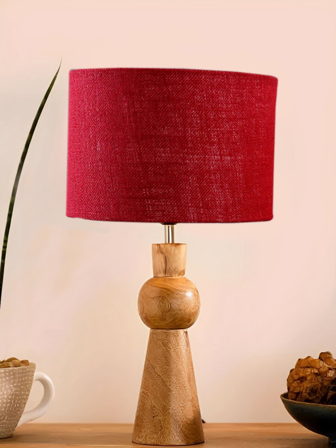Ambika Home Maroon Jute Rocket Table Lamp with Wooden Base | Decorative Bedside Lamp for Bedroom, Living Room, Hall, Hotel, Café, Restaurant, Office & Study Room | E27 Compatible