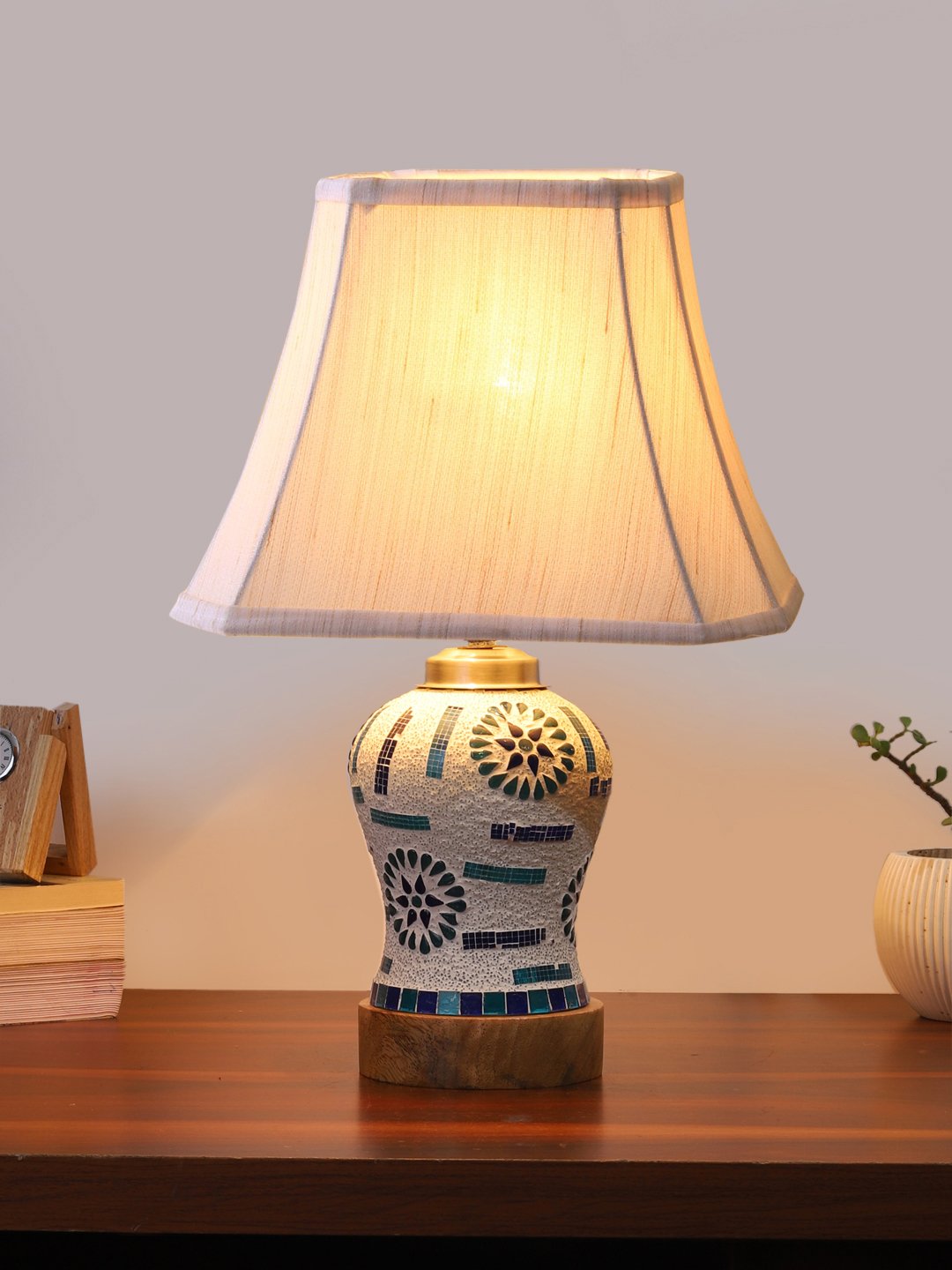 Ambika Home off-white Jute Mosaic Glass Table Lamp | Decorative Bedside Lamp for Bedroom, Living Room, Hall, Hotel, Café, Restaurant, Office & Study Room | E27 Compatible - Image 2