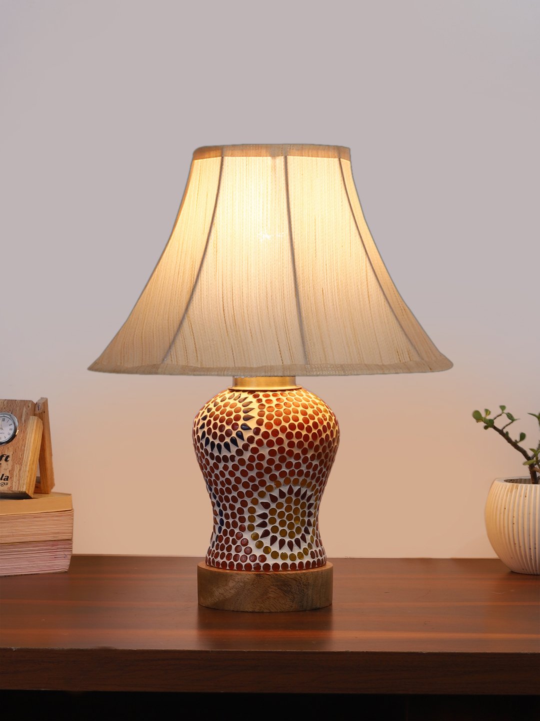 Ambika Home off-white Cotton Mosaic Glass Table Lamp | Decorative Bedside Lamp for Bedroom, Living Room, Hall, Hotel, Café, Restaurant, Office & Study Room | E27 Compatible - Image 2