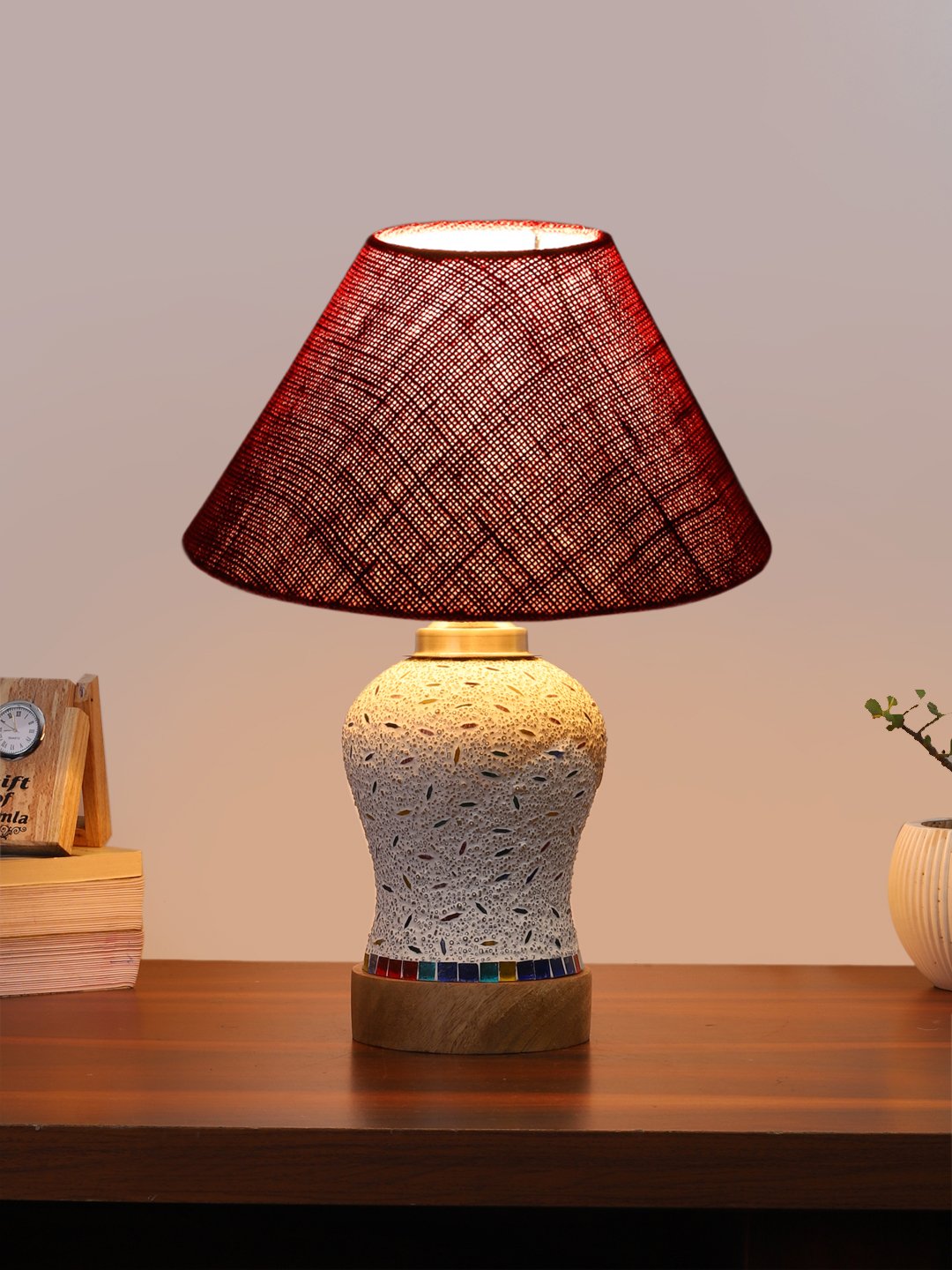 Ambika Home Maroon Jute Mosaic Glass Table Lamp | Decorative Bedside Lamp for Bedroom, Living Room, Hall, Hotel, Café, Restaurant, Office & Study Room | E27 Compatible - Image 2