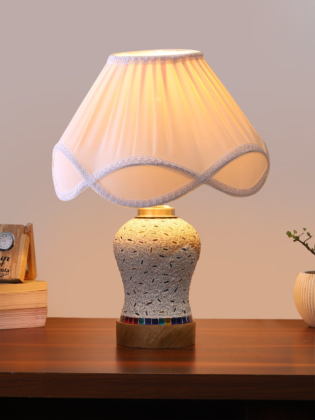 Ambika Home off-white Cotton Mosaic Glass Table Lamp | Decorative Bedside Lamp for Bedroom, Living Room, Hall, Hotel, Café, Restaurant, Office & Study Room | E27 Compatible - Image 2