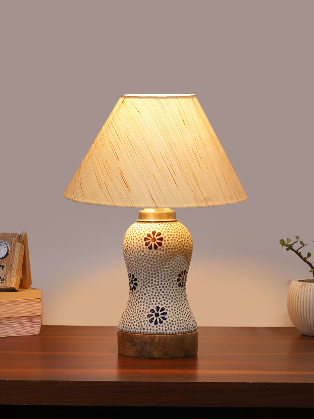 Ambika Home off-white Cotton Mosaic Glass Table Lamp | Decorative Bedside Lamp for Bedroom, Living Room, Hall, Hotel, Café, Restaurant, Office & Study Room | E27 Compatible - Image 2