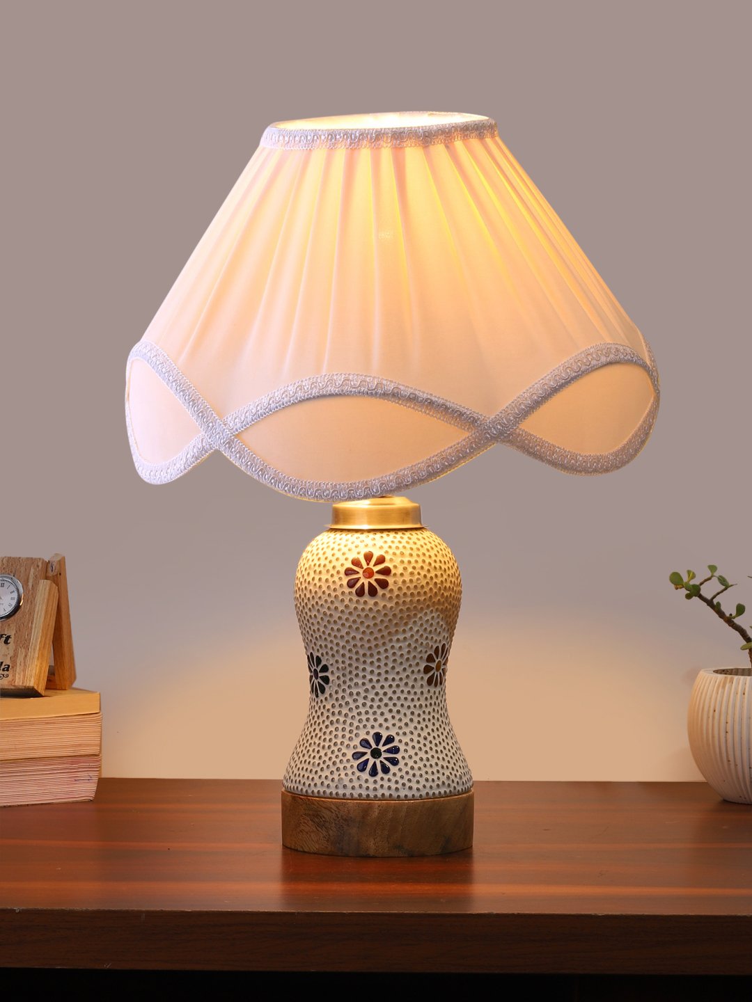 Ambika Home off-white Cotton Mosaic Glass Table Lamp | Decorative Bedside Lamp for Bedroom, Living Room, Hall, Hotel, Café, Restaurant, Office & Study Room | E27 Compatible - Image 2