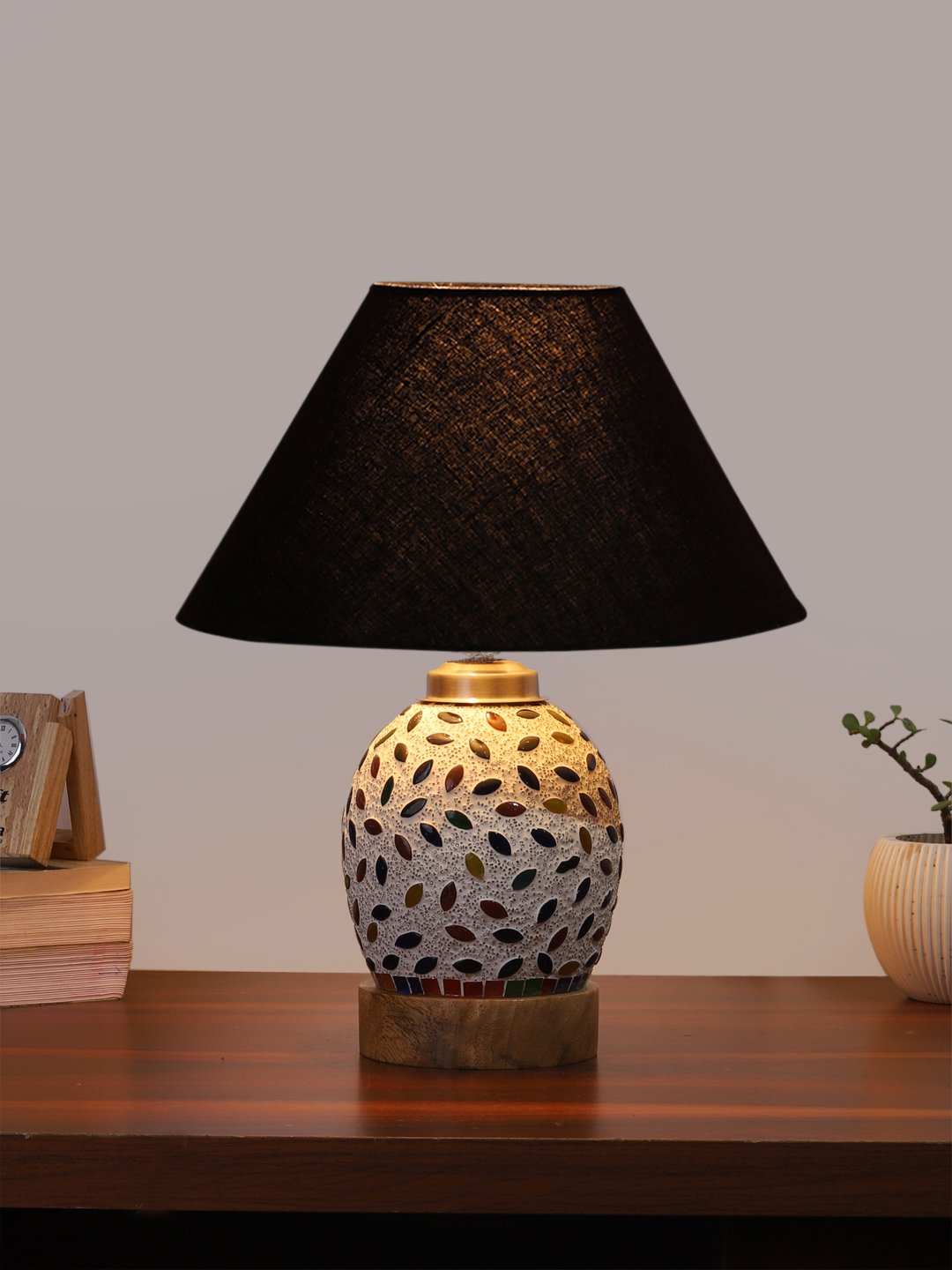 Ambika Home Black Cotton Mosaic Glass Table Lamp | Decorative Bedside Lamp for Bedroom, Living Room, Hall, Hotel, Café, Restaurant, Office & Study Room | E27 Compatible - Image 2