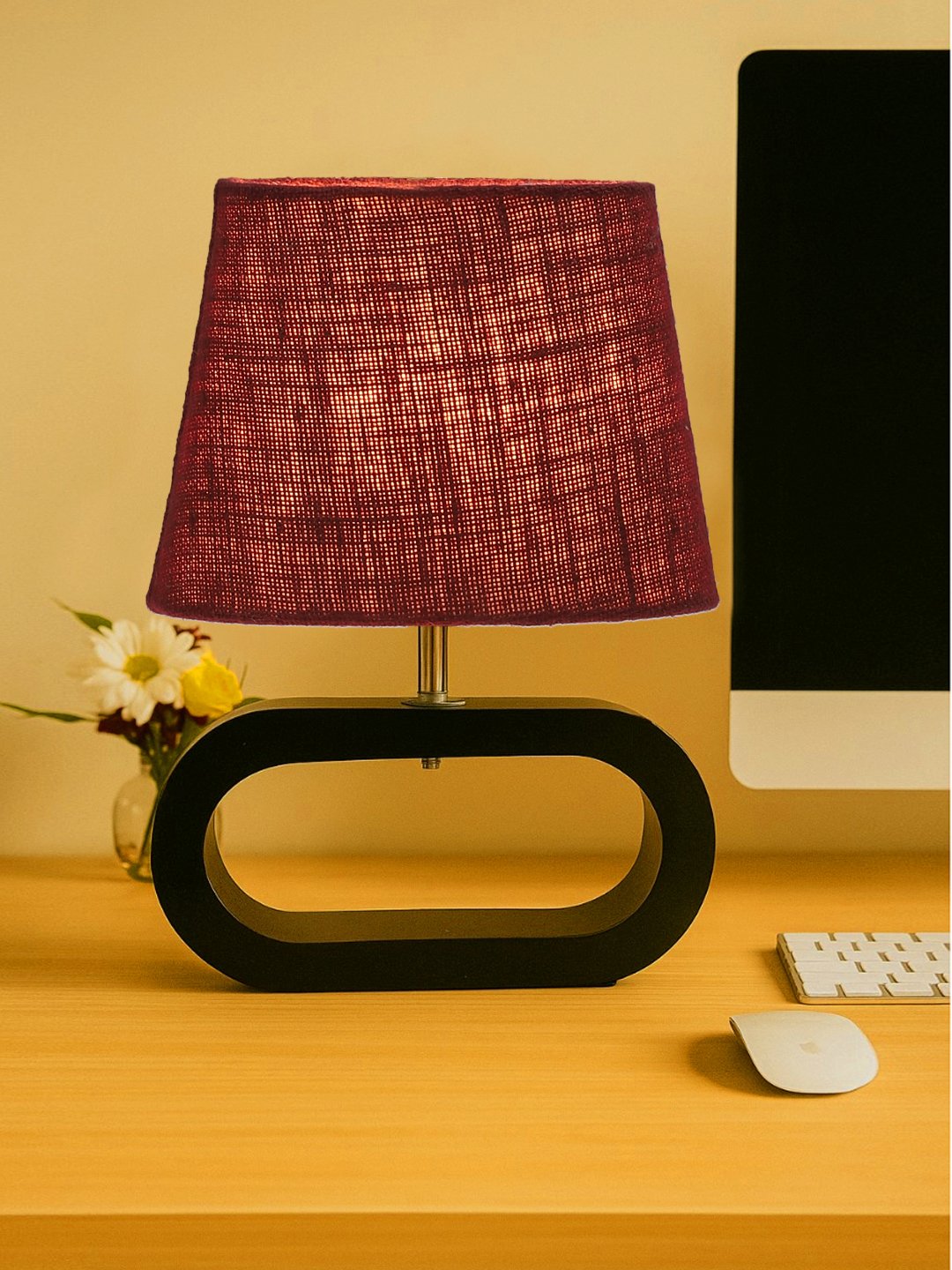 Ambika Home Maroon Jute Oval Table Lamp with Black Wood Base | Bedside, Living Room & Study Lamp | E27 Compatible - Image 2