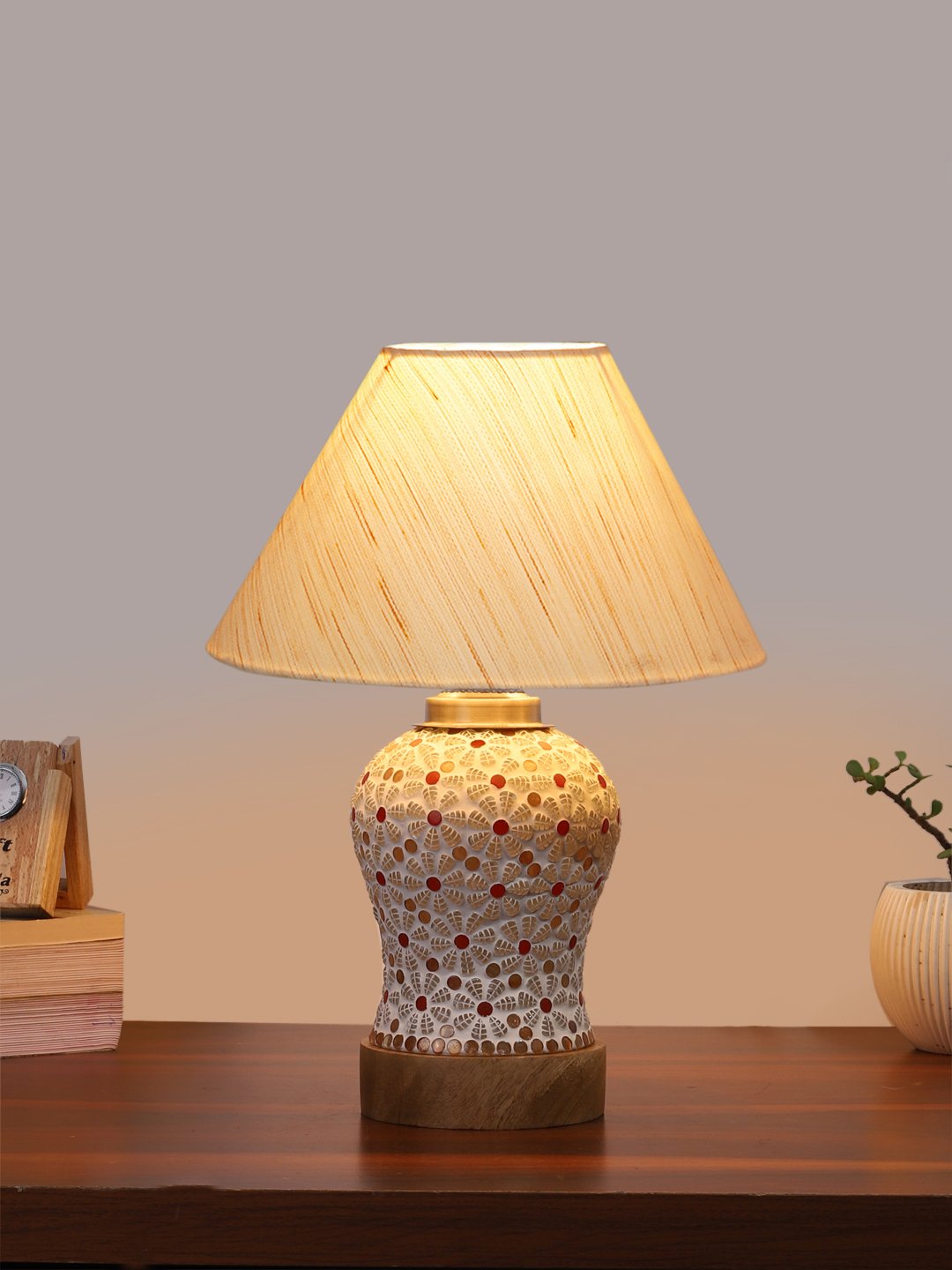 Ambika Home off-white Cotton Mosaic Glass Table Lamp | Decorative Bedside Lamp for Bedroom, Living Room, Hall, Hotel, Café, Restaurant, Office & Study Room | E27 Compatible - Image 2