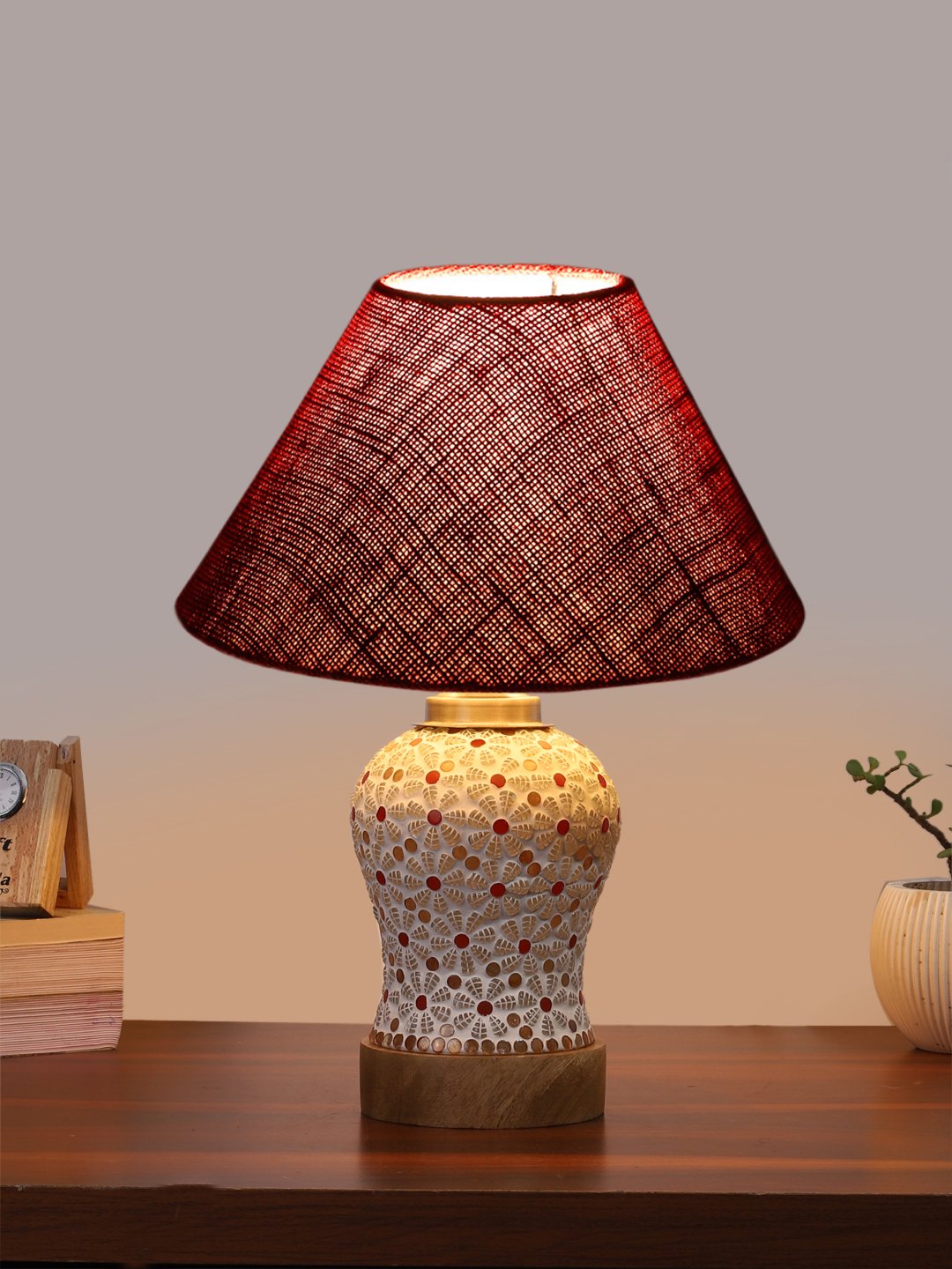 Ambika Home Maroon Jute Mosaic Glass Table Lamp | Decorative Bedside Lamp for Bedroom, Living Room, Hall, Hotel, Café, Restaurant, Office & Study Room | E27 Compatible - Image 2