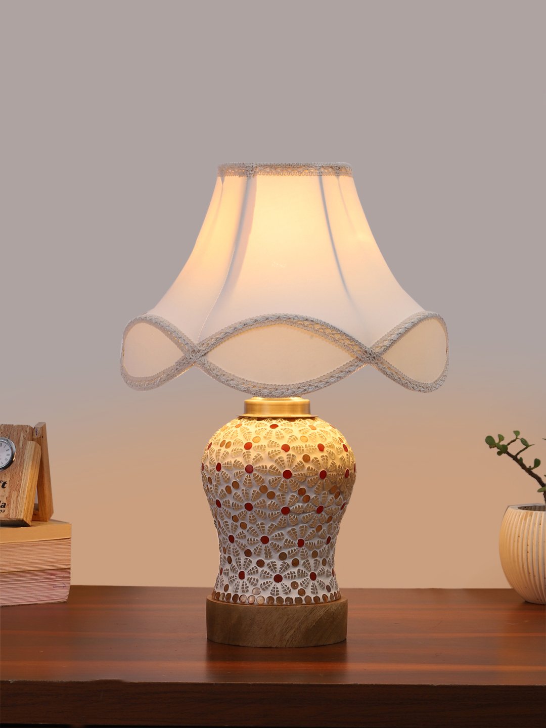 Ambika Home off-white Cotton Mosaic Glass Table Lamp | Decorative Bedside Lamp for Bedroom, Living Room, Hall, Hotel, Café, Restaurant, Office & Study Room | E27 Compatible - Image 2
