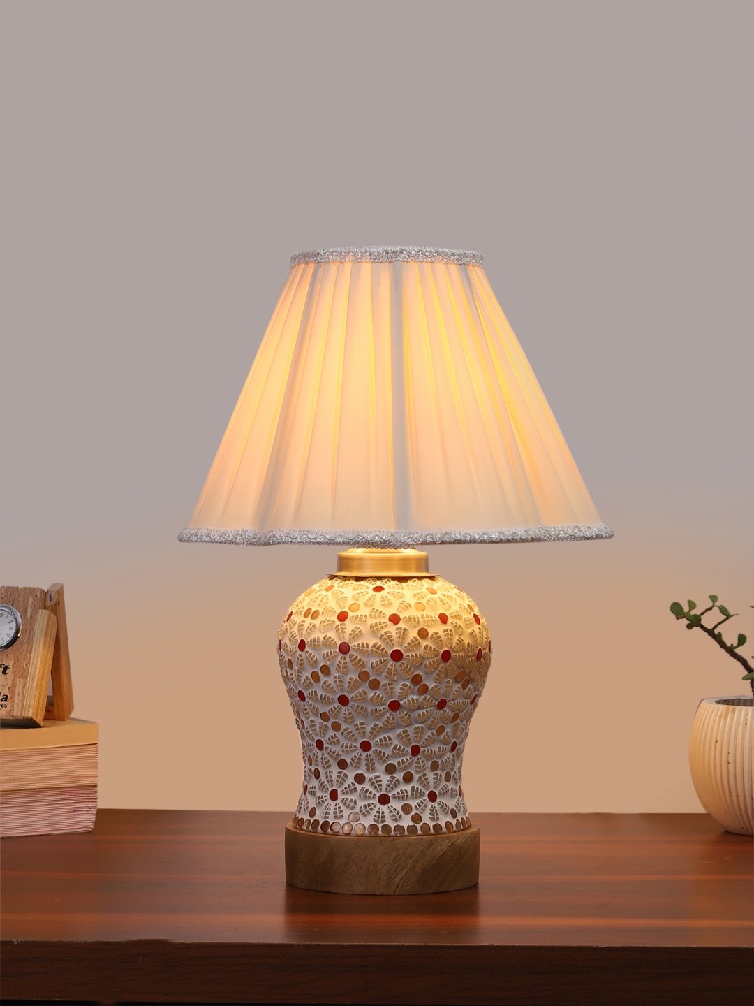 Ambika Home off-white Cotton Mosaic Glass Table Lamp | Decorative Bedside Lamp for Bedroom, Living Room, Hall, Hotel, Café, Restaurant, Office & Study Room | E27 Compatible - Image 2