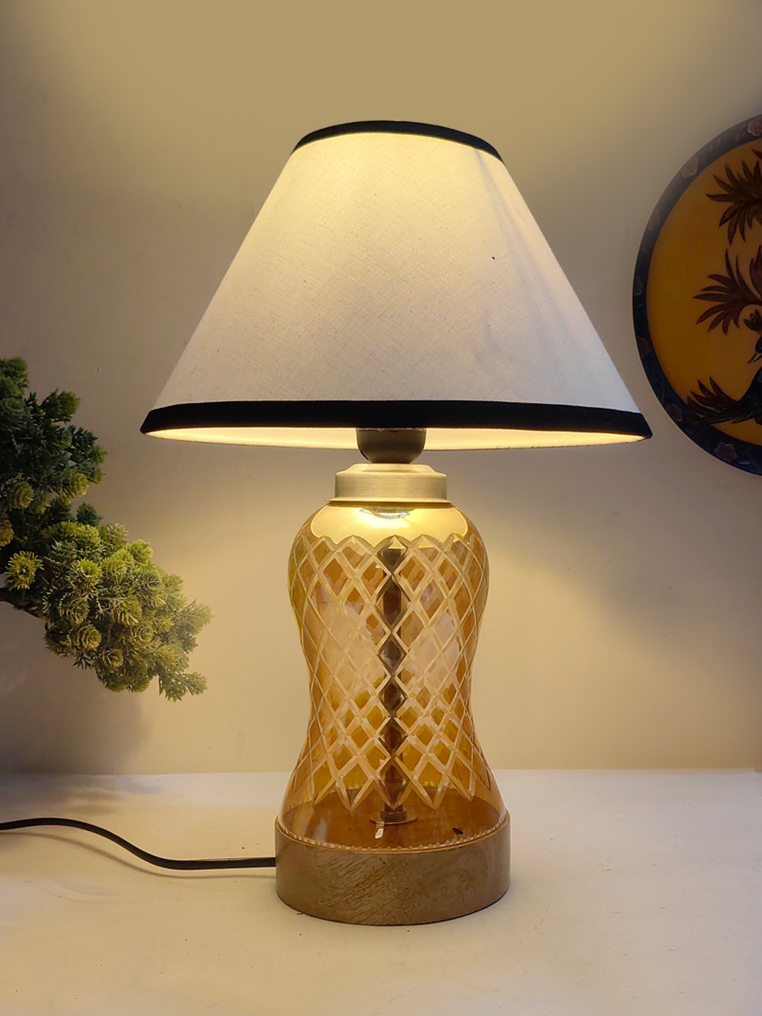 Ambika Home White & Black Cotton Lavender Glass Table Lamp | Decorative Bedside Lamp for Bedroom, Living Room, Hall, Hotel, Café, Restaurant, Office & Study Room | E27 Compatible - Image 2