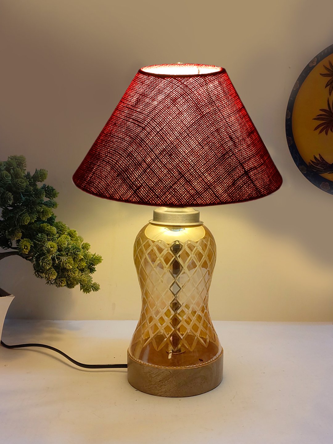 Ambika Home Maroon Jute Lavender Glass Table Lamp | Decorative Bedside Lamp for Bedroom, Living Room, Hall, Hotel, Café, Restaurant, Office & Study Room | E27 Compatible - Image 2