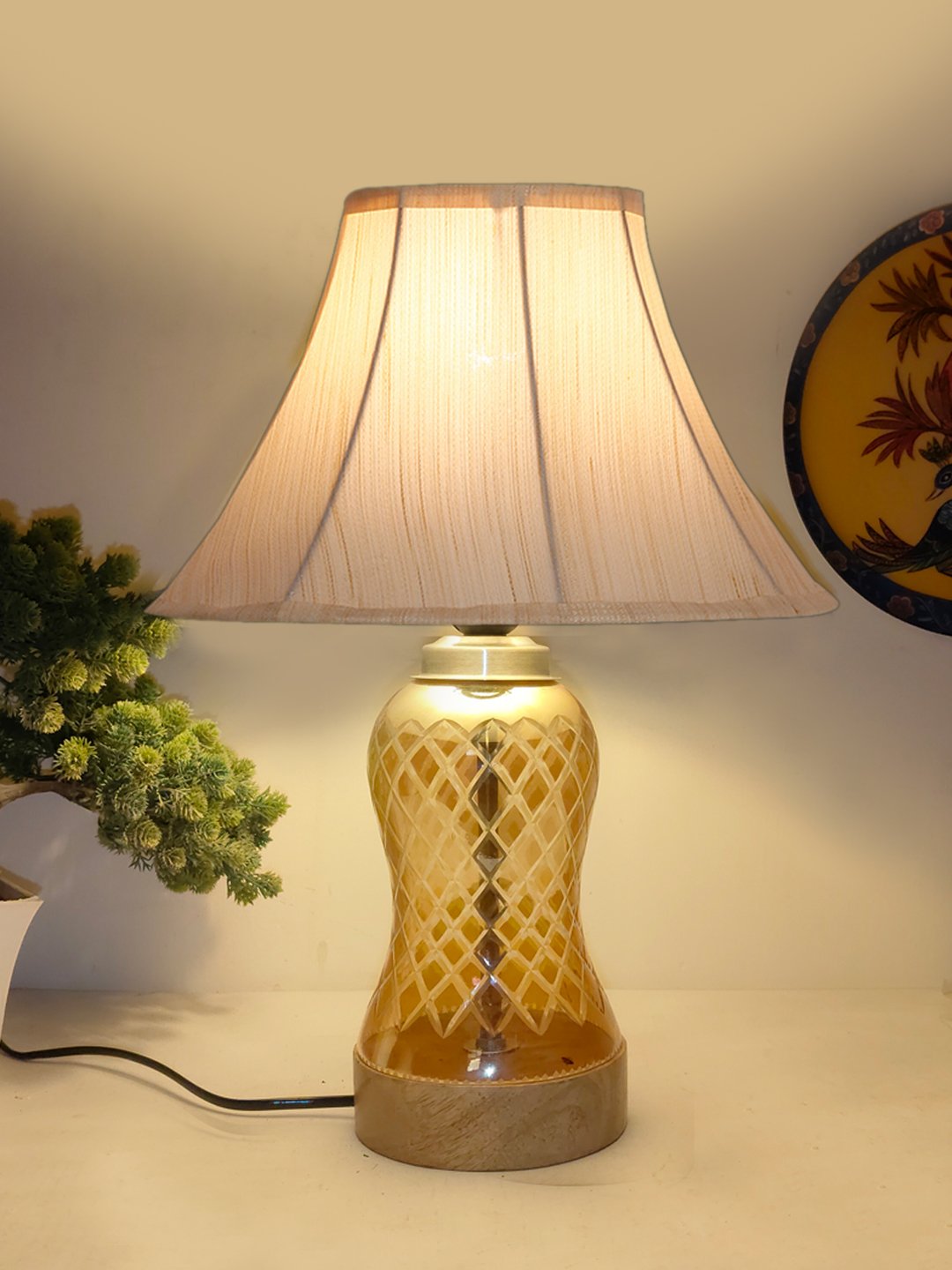 Ambika Home off-white Cotton Lavender Glass Table Lamp | Decorative Bedside Lamp for Bedroom, Living Room, Hall, Hotel, Café, Restaurant, Office & Study Room | E27 Compatible - Image 2