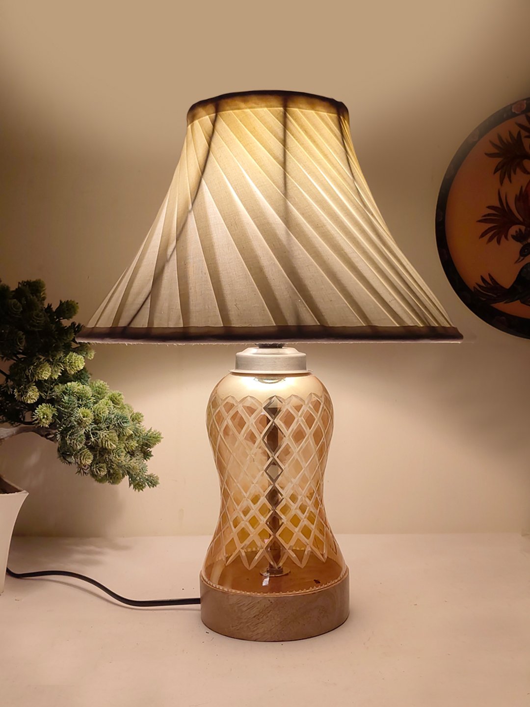 Ambika Home off-white Cotton Lavender Glass Table Lamp | Decorative Bedside Lamp for Bedroom, Living Room, Hall, Hotel, Café, Restaurant, Office & Study Room | E27 Compatible - Image 2