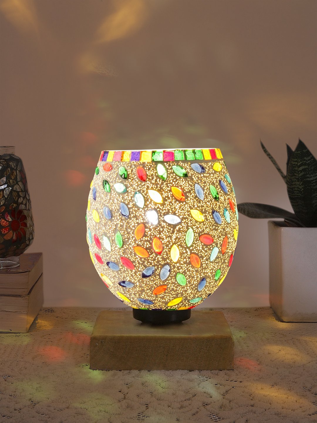 Ambika Home Artisan Mosaic Multicolor Mosaic Glass Table Lamp with Wooden Base | Premium Bedside Lamp for Bedroom, Living Room, Hall, Hotel, Café, Restaurant & Office | E27 Compatible - Image 2