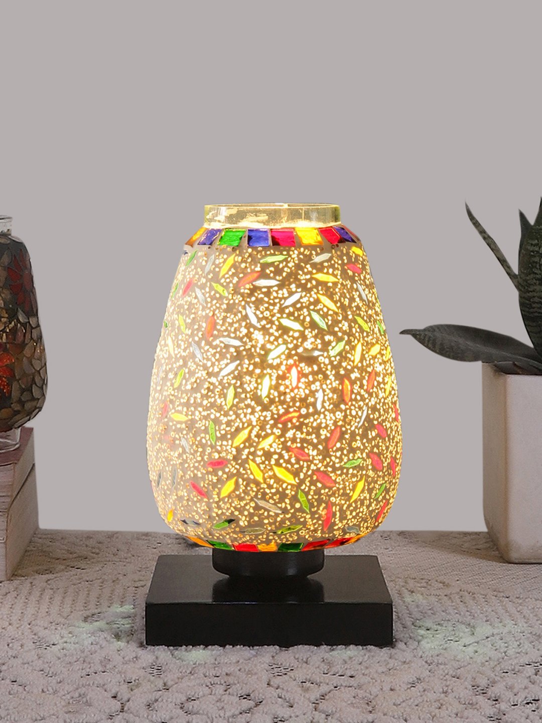 Ambika Home Elara Mosaic Multicolor Mosaic Glass Table Lamp with Wooden Base | Premium Bedside Lamp for Bedroom, Living Room, Hall, Hotel, Café, Restaurant & Office | E27 Compatible - Image 2