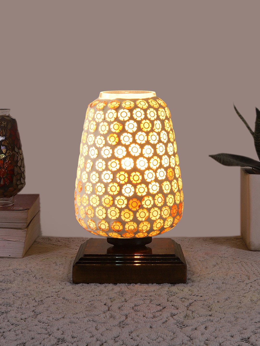 Ambika Home Nordic Mosaic Multicolor Mosaic Glass Table Lamp with Wooden Base | Premium Bedside Lamp for Bedroom, Living Room, Hall, Hotel, Café, Restaurant & Office | E27 Compatible - Image 2