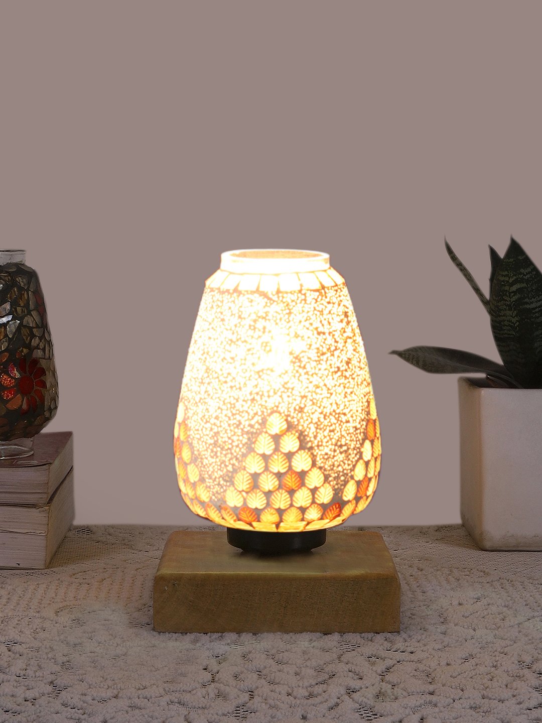 Ambika Home Nordic Mosaic Multicolor Mosaic Glass Table Lamp with Wooden Base | Premium Bedside Lamp for Bedroom, Living Room, Hall, Hotel, Café, Restaurant & Office | E27 Compatible - Image 2