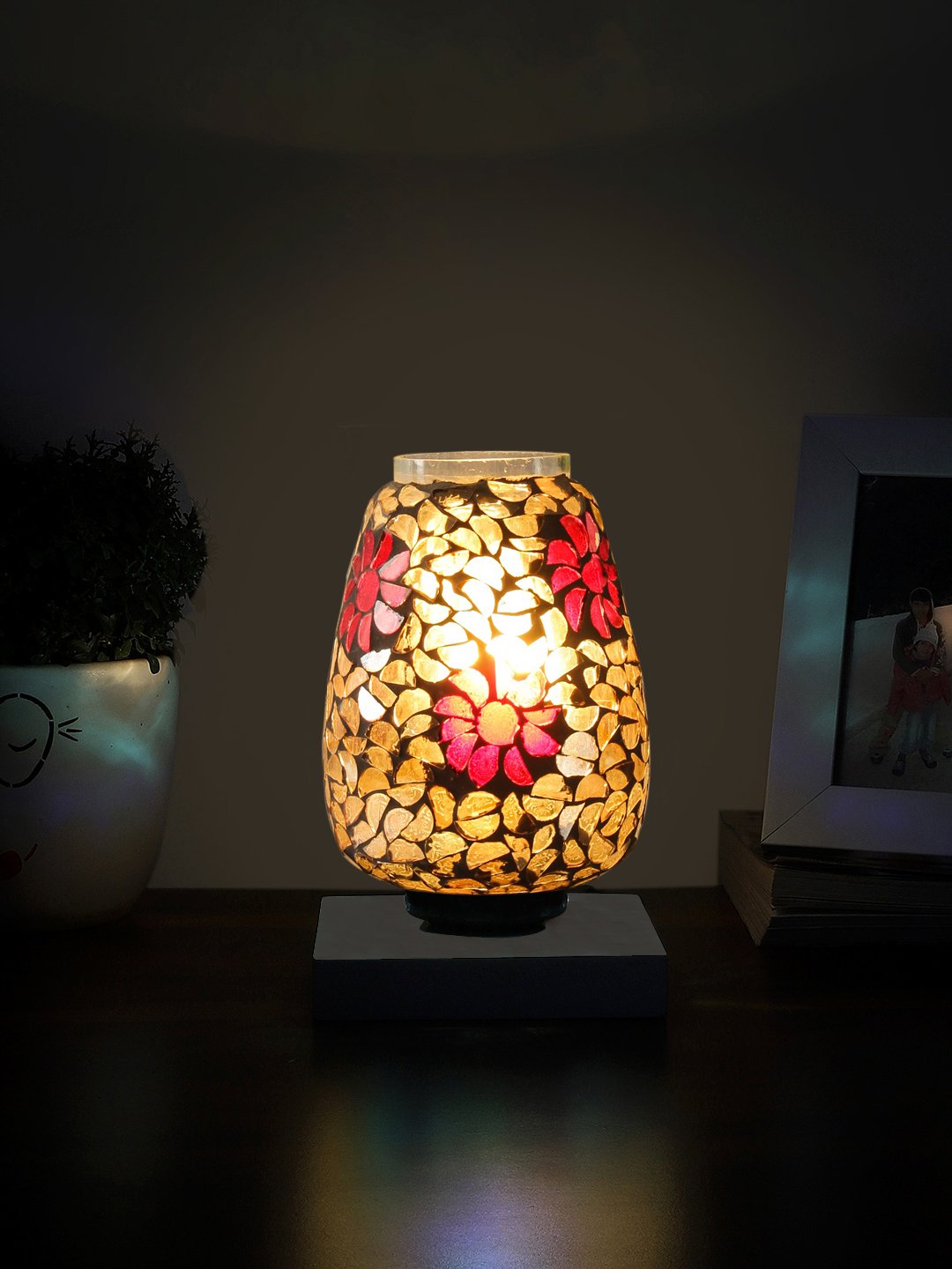 Ambika Home Nordic Mosaic Multicolor Mosaic Glass Table Lamp with Wooden Base | Premium Bedside Lamp for Bedroom, Living Room, Hall, Hotel, Café, Restaurant & Office | E27 Compatible - Image 2