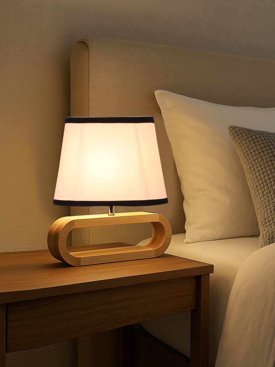 Ambika Home Multicolor cotton Oval Table Lamp with Natural Wood Base | Bedside, Living Room & Study Lamp | E27 Compatible - Image 2