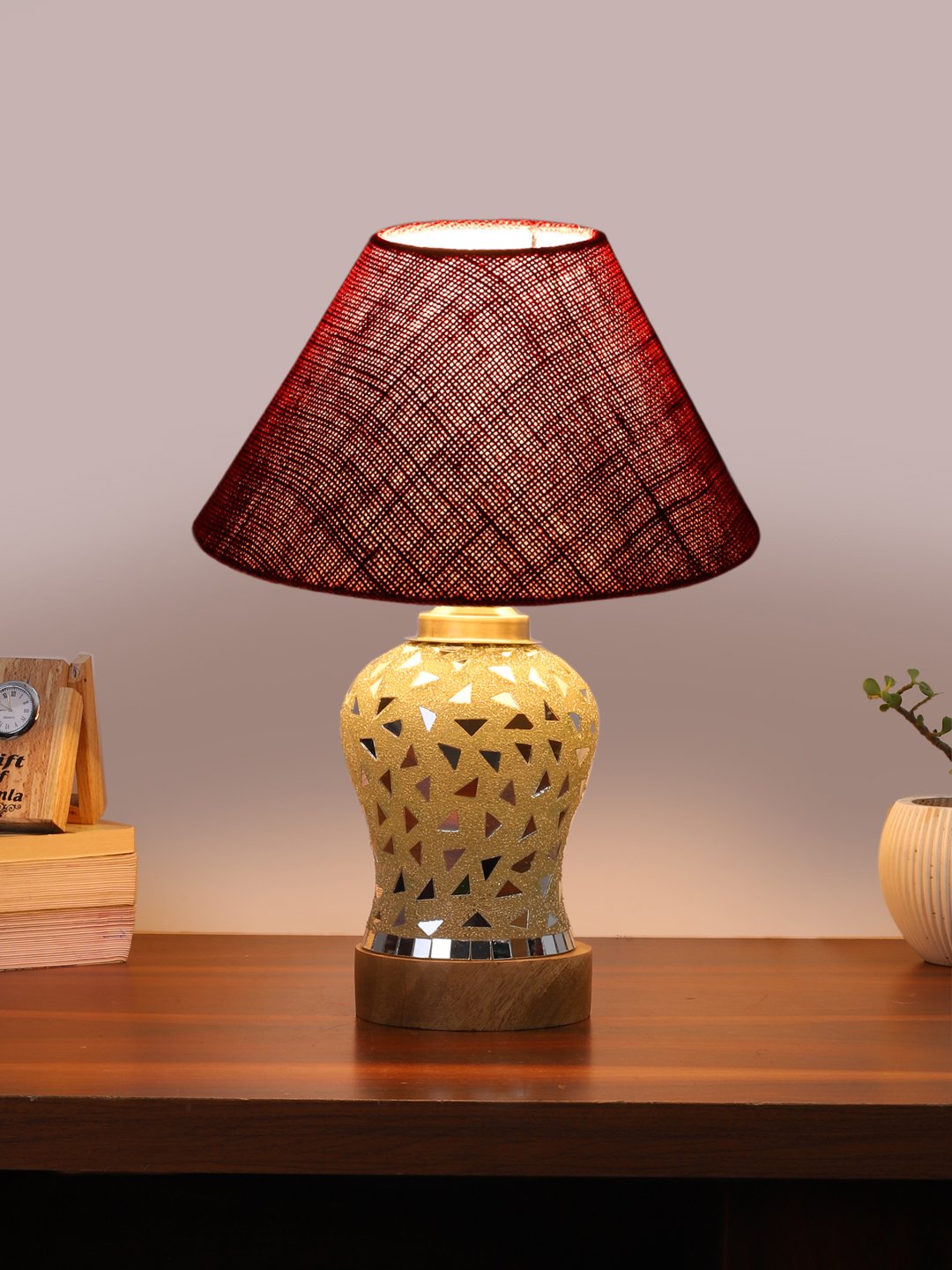 Ambika Home Maroon Jute Mosaic Glass Table Lamp | Decorative Bedside Lamp for Bedroom, Living Room, Hall, Hotel, Café, Restaurant, Office & Study Room | E27 Compatible - Image 2