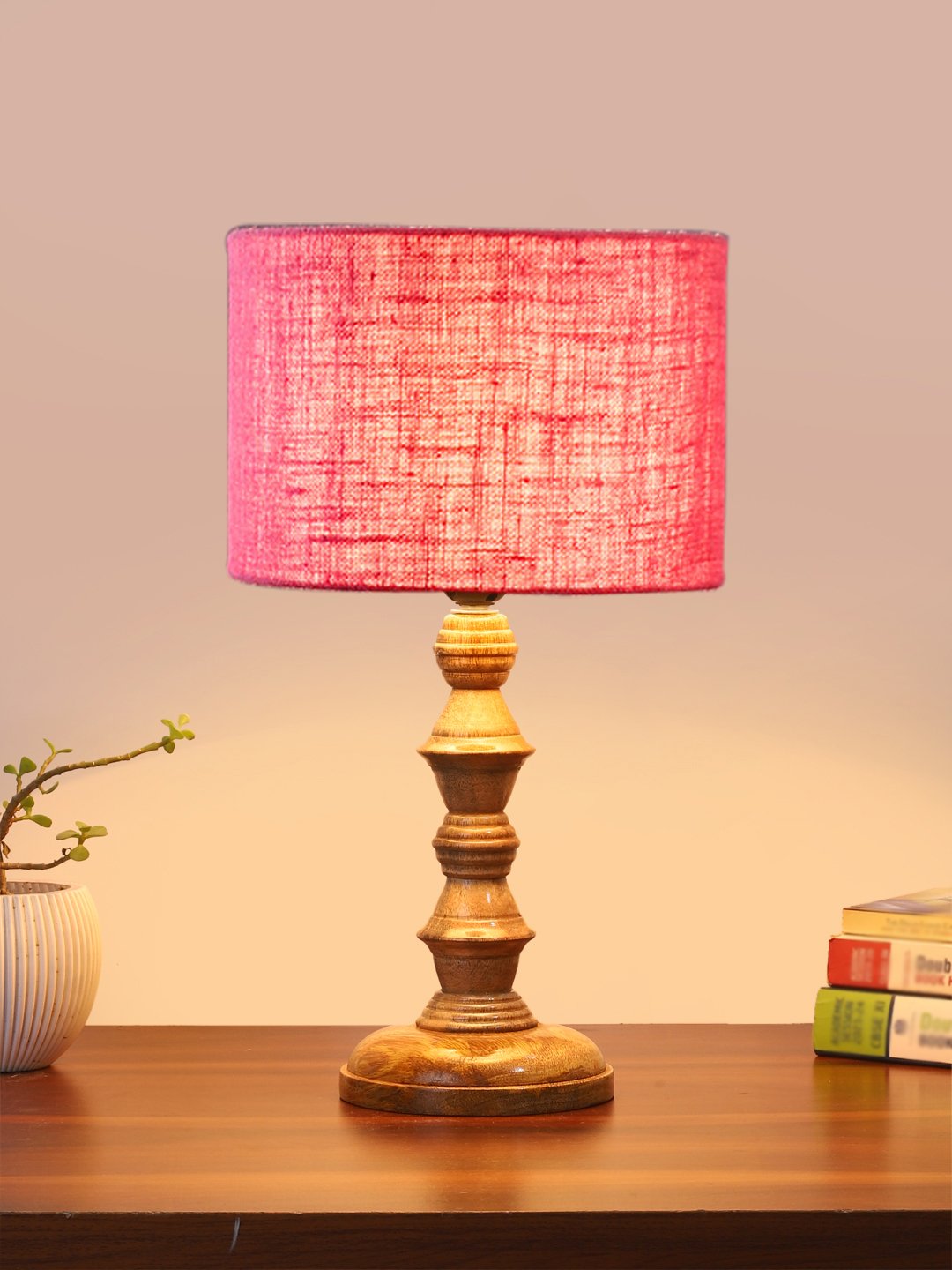 Ambika Home Pink Jute Wooden Table Lamp | Decorative Bedside Lamp for Bedroom, Living Room, Hall, Hotel, Café, Restaurant, Office & Study Room | E27 Compatible - Image 2