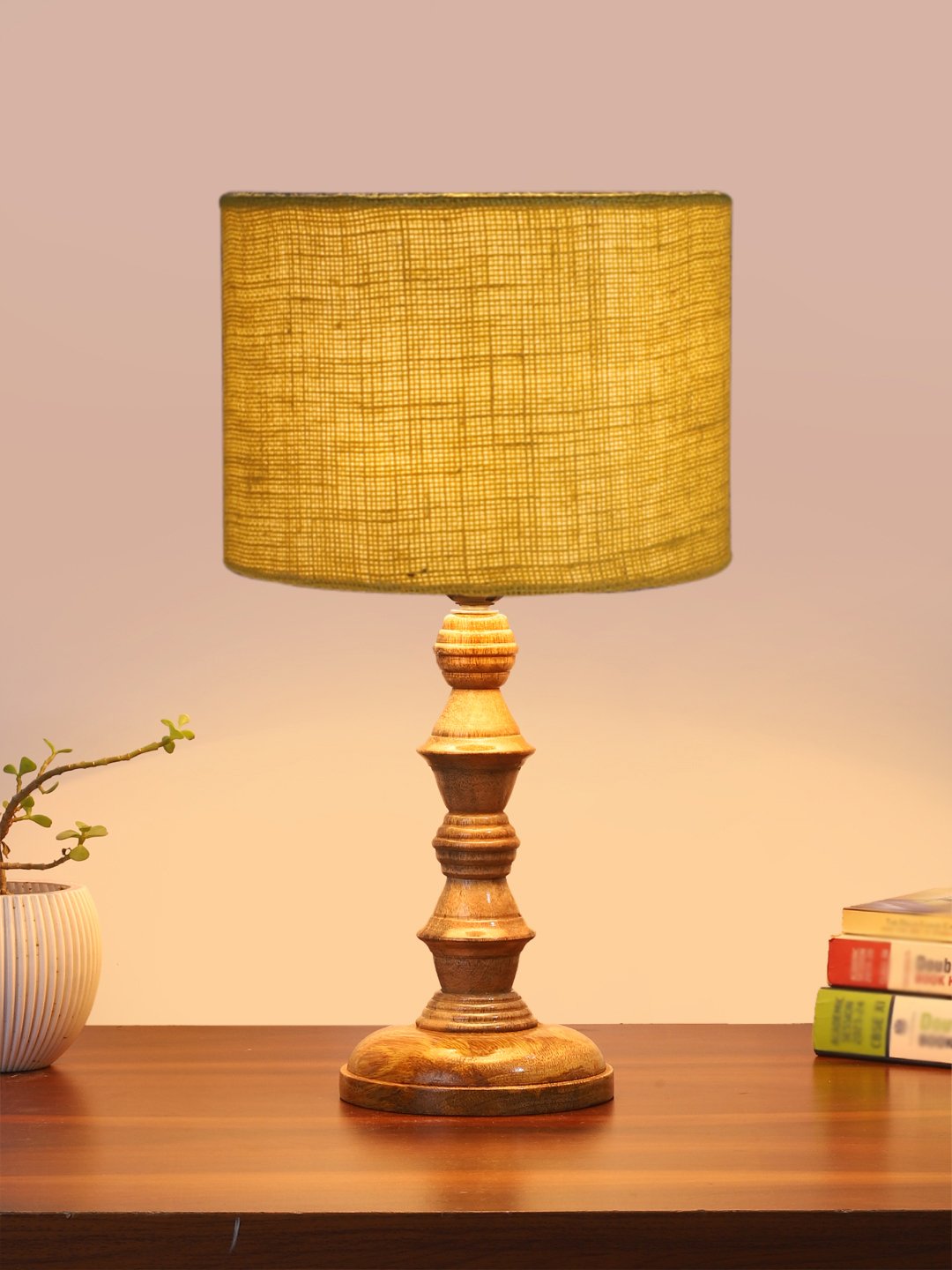 Ambika Home Yellow Jute Wooden Table Lamp | Decorative Bedside Lamp for Bedroom, Living Room, Hall, Hotel, Café, Restaurant, Office & Study Room | E27 Compatible - Image 2