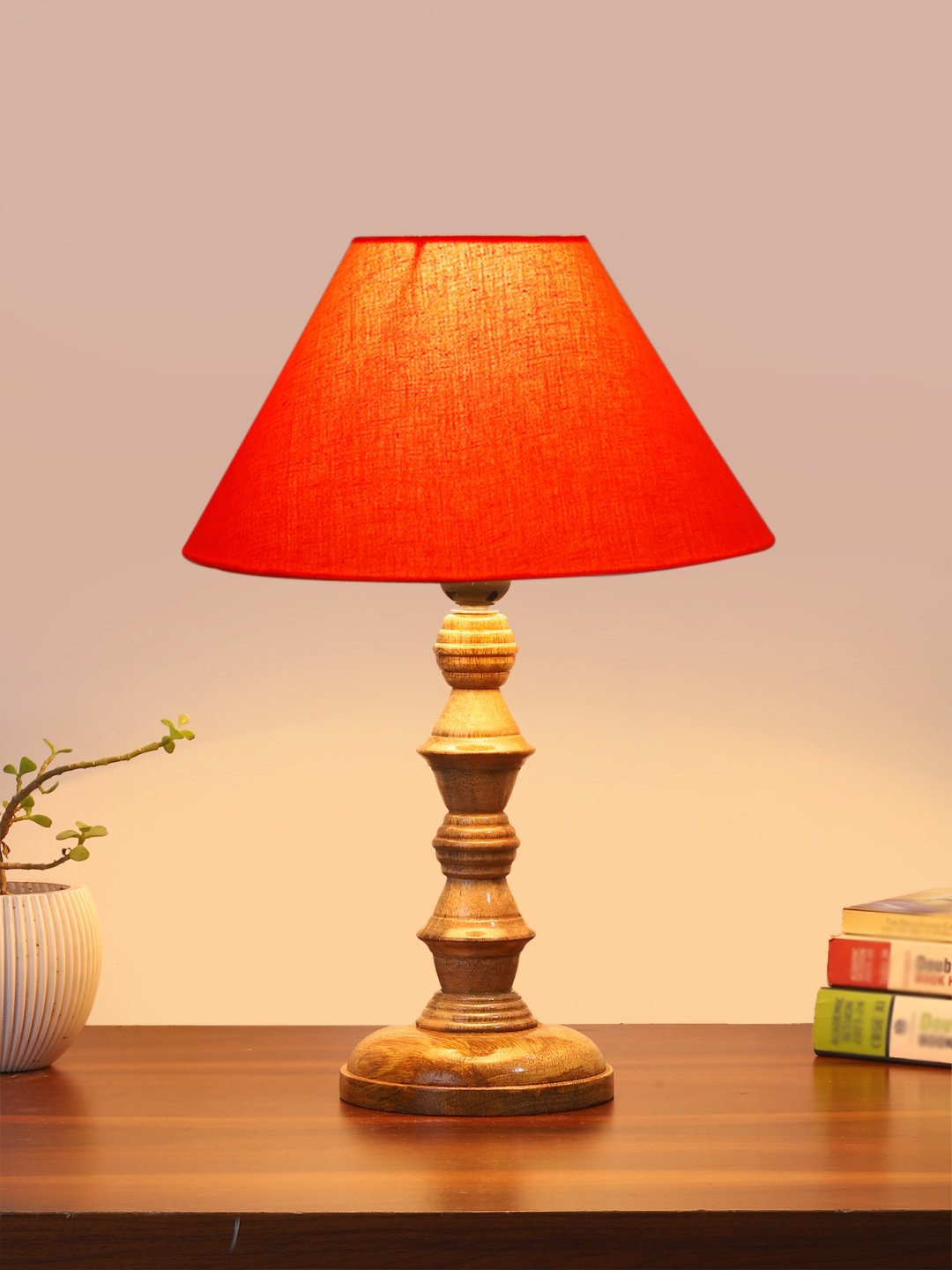 Ambika Home Orange cotton Wooden Table Lamp | Decorative Bedside Lamp for Bedroom, Living Room, Hall, Hotel, Café, Restaurant, Office & Study Room | E27 Compatible - Image 2
