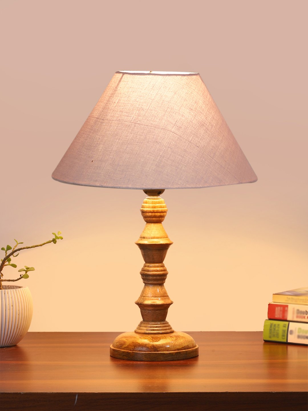 Ambika Home Grey cotton Wooden Table Lamp | Decorative Bedside Lamp for Bedroom, Living Room, Hall, Hotel, Café, Restaurant, Office & Study Room | E27 Compatible - Image 2