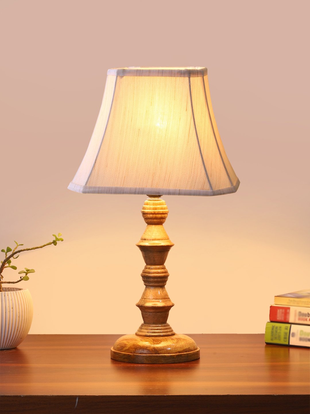 Ambika Home Off-white Cotton Wooden Table Lamp | Decorative Bedside Lamp for Bedroom, Living Room, Hall, Hotel, Café, Restaurant, Office & Study Room | E27 Compatible - Image 2