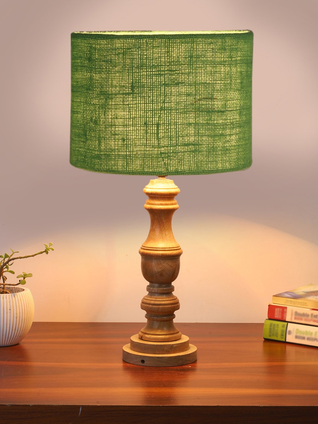 Ambika Home Green Jute Wooden Table Lamp | Decorative Bedside Lamp for Bedroom, Living Room, Hall, Hotel, Café, Restaurant, Office & Study Room | E27 Compatible - Image 2