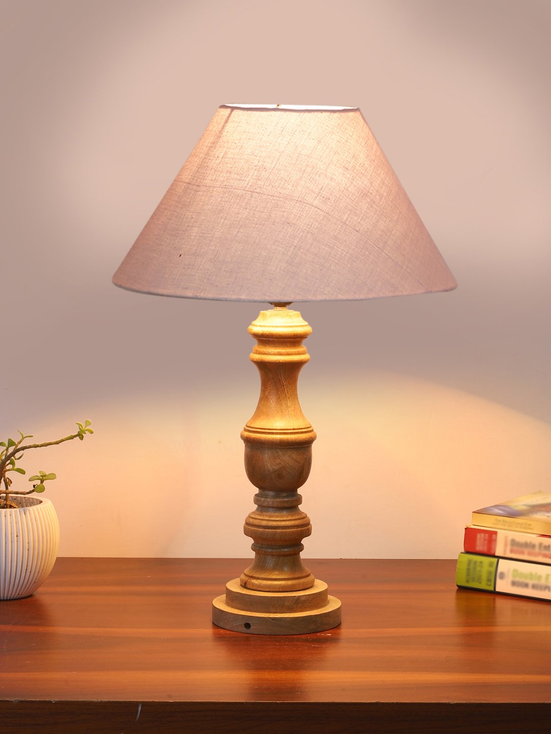 Ambika Home Grey cotton Wooden Table Lamp | Decorative Bedside Lamp for Bedroom, Living Room, Hall, Hotel, Café, Restaurant, Office & Study Room | E27 Compatible - Image 2