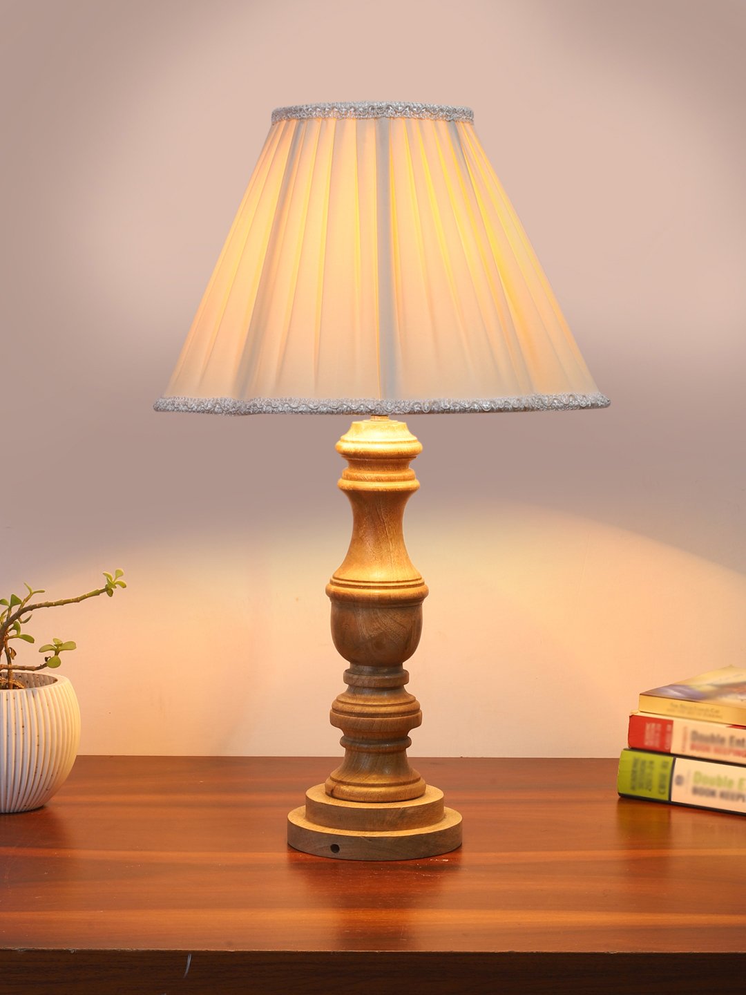 Ambika Home off-white cotton Wooden Table Lamp | Decorative Bedside Lamp for Bedroom, Living Room, Hall, Hotel, Café, Restaurant, Office & Study Room | E27 Compatible - Image 2